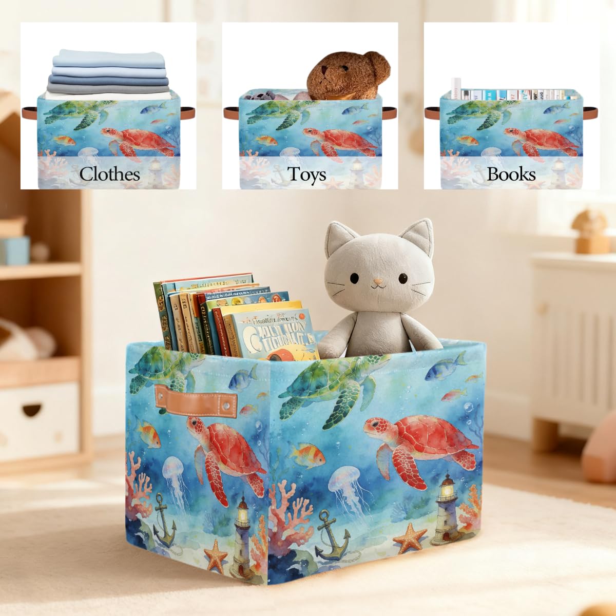 Aquarell-Aufbewahrungskorb mit Ledergriffen, rechteckig, mit Ledergriffen, 2 Stück, faltbarer Stoff-Aufbewahrungskorb für Schrank, Badezimmer, Wohnzimmer, Büro, Spielzeug, Organizer