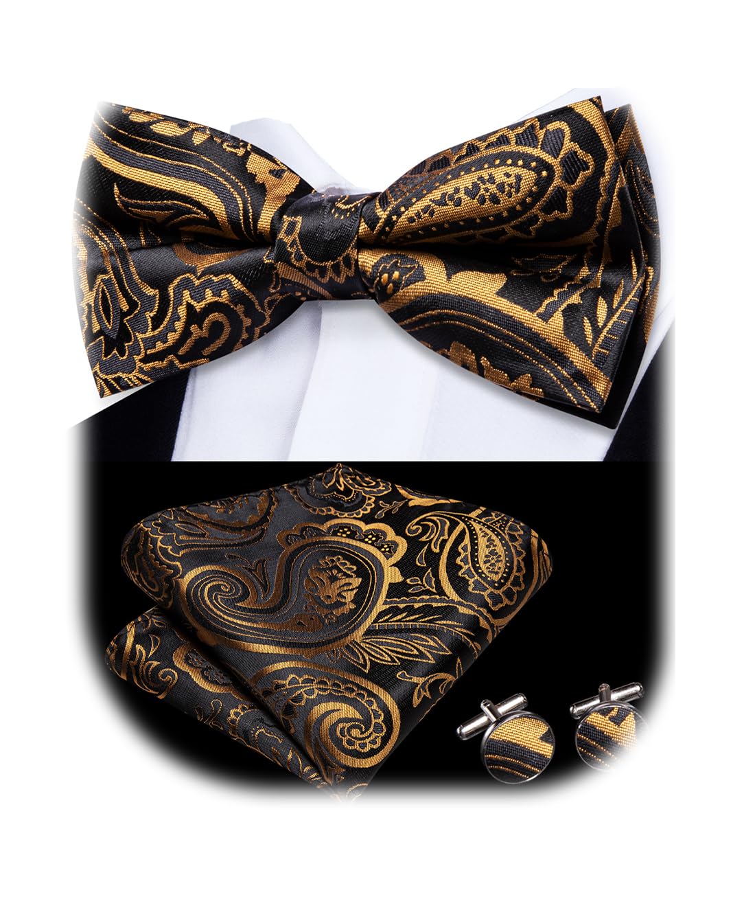 Dubulle Mens Paisley Striped Bowtie Set Pre-tied Bowtie for Men and Pocket Square Set Wedding Business