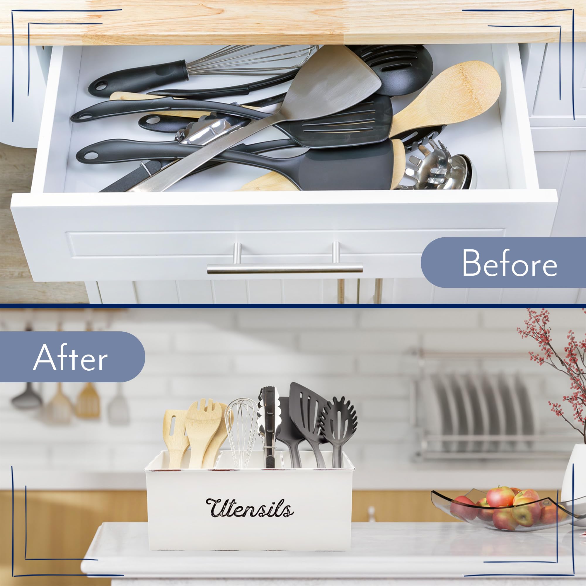 AuldHome - Soporte grande para utensilios de esmalte, organizador de cocina de granja blanco o almacenamiento de cucharas/tenedores/cuchillos para encimera y mesa
