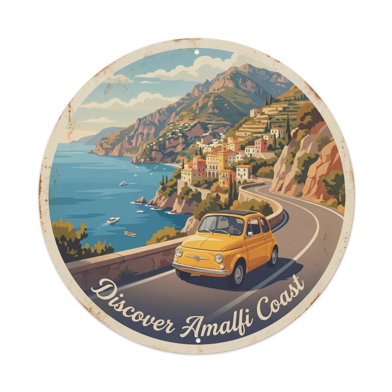 Vintage Travel Amalfi Coastal Road Journey Metal Tin Sign Plaque Wall Decor for Cafe, Club, Garden Round Metal Poster 8x8Inch