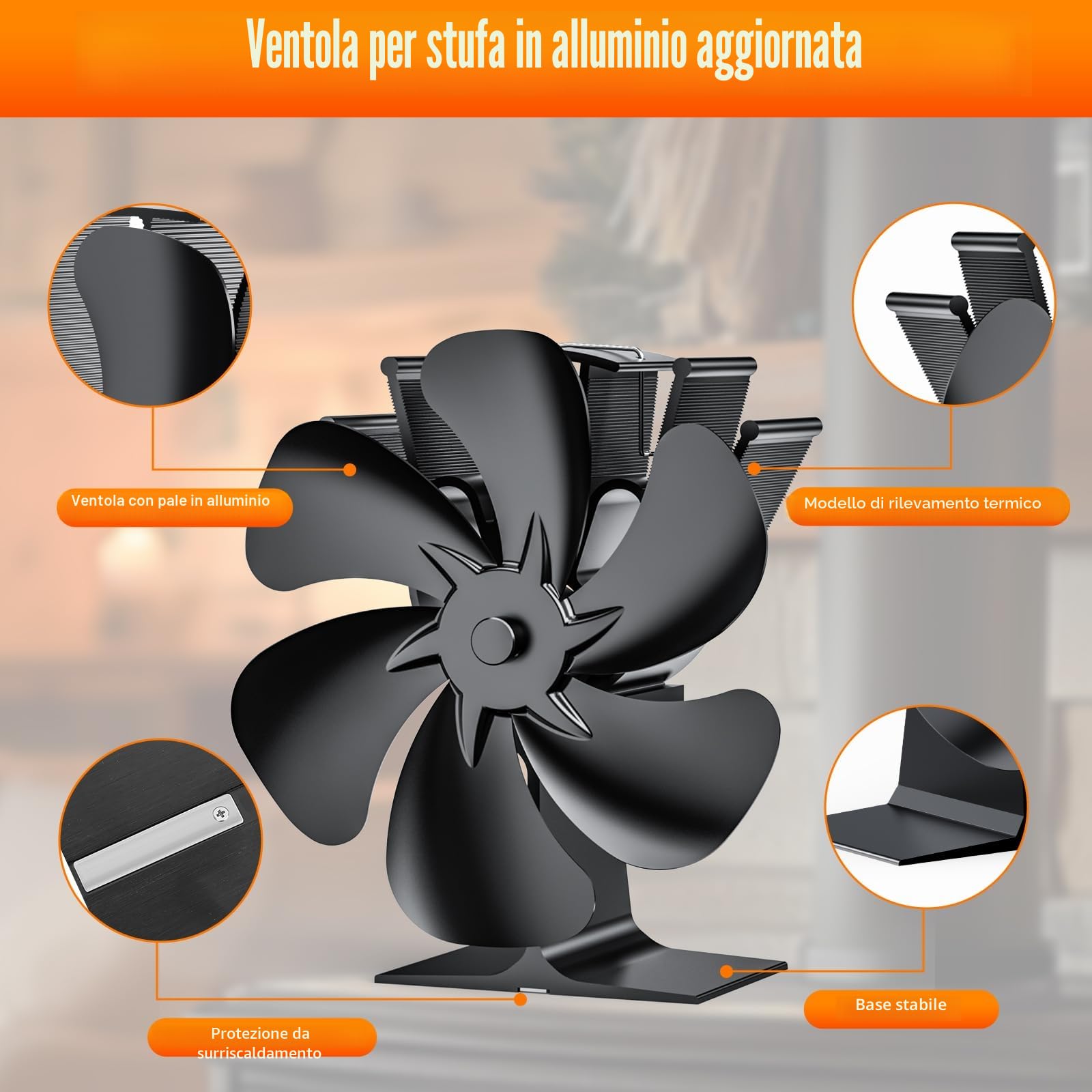6 Pagine Ventilatore per Camino, Ventilatore per Camino non Elettrico, Silenzioso per Stufa a Legna, per Stufe a Legna/Ceppi/Vamino/Stufa (6 Foglie)