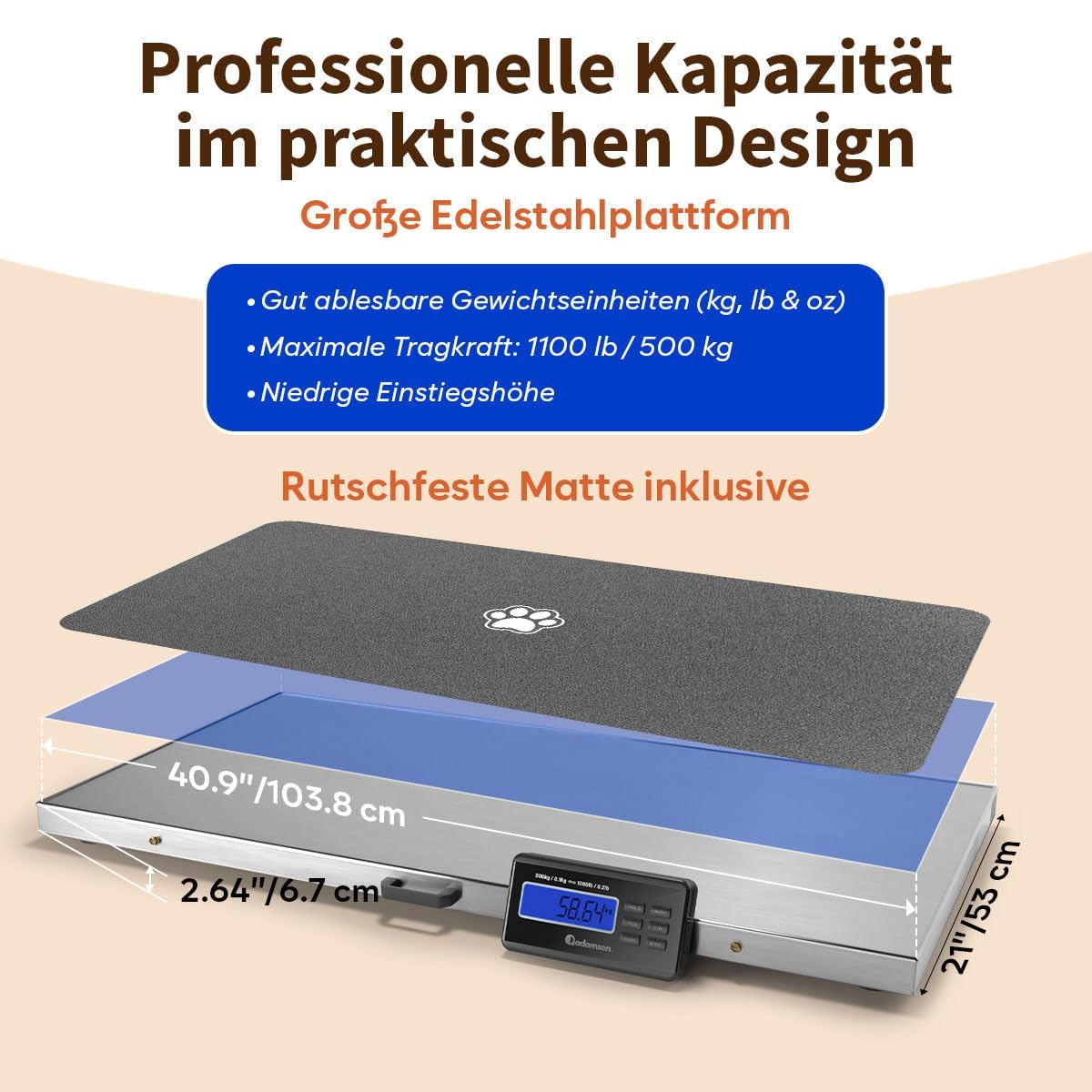 Adamson Tierwaage 500 kg – Digitale Plattformwaage & Hundewaage für große Hunde, Schafe, Ziegen & Schweine – Präzise Viehwaage mit Tare, Hold & PCS – Batteriebetrieb oder Netzteil