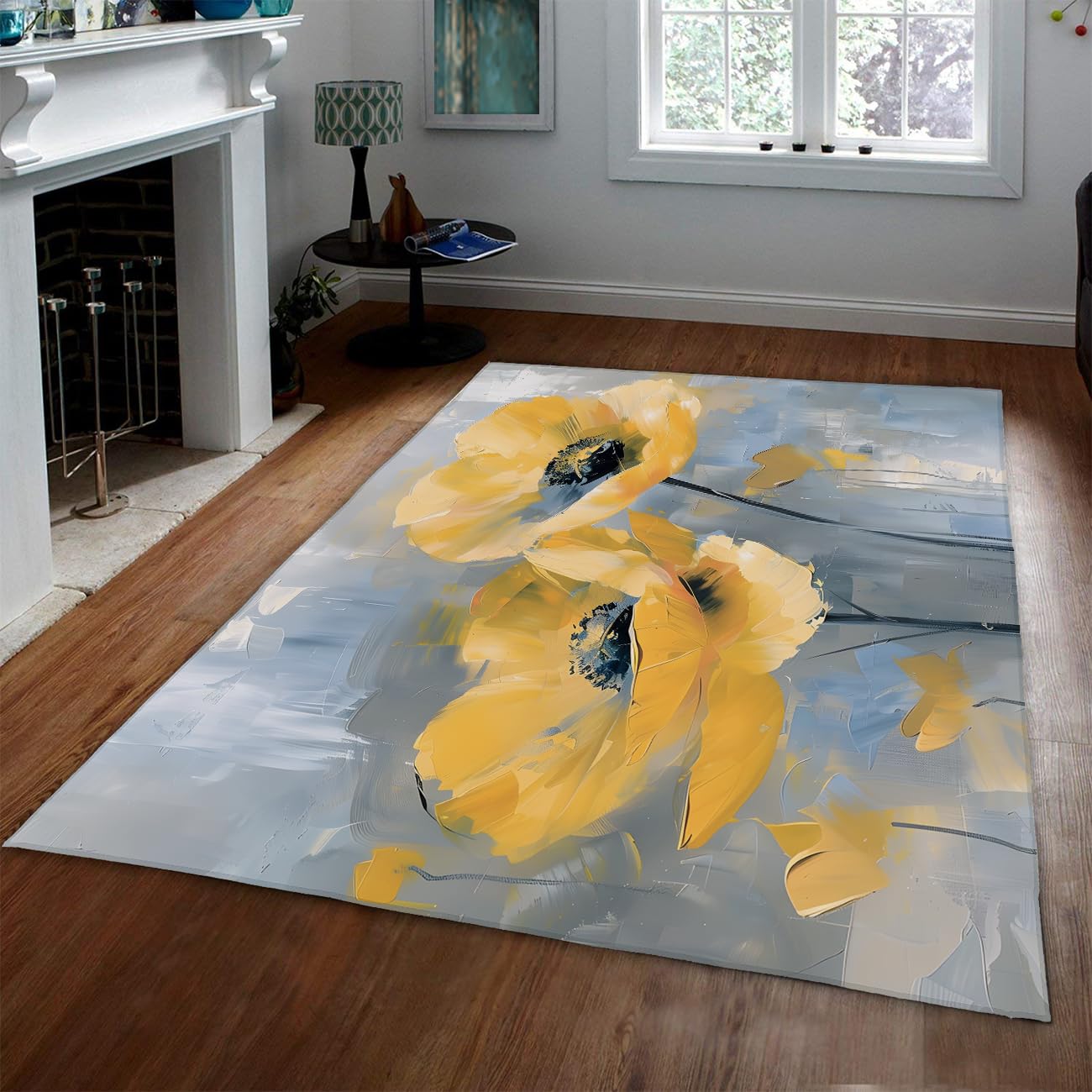 Tapis abstrait floraux salon lavable 60x120cm pavot jaune gris bleu