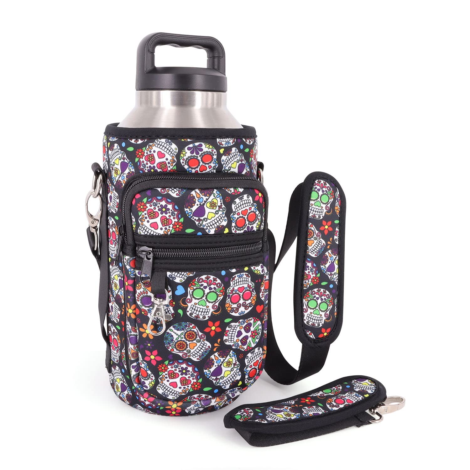 Water Bottle Holder Sling Bag Sleeve Carrier 32oz 40oz 64oz, Insulated Crossbody Water Bottle Case Cover with Padded Strap and 2 Pockets for Walking Hiking Camping