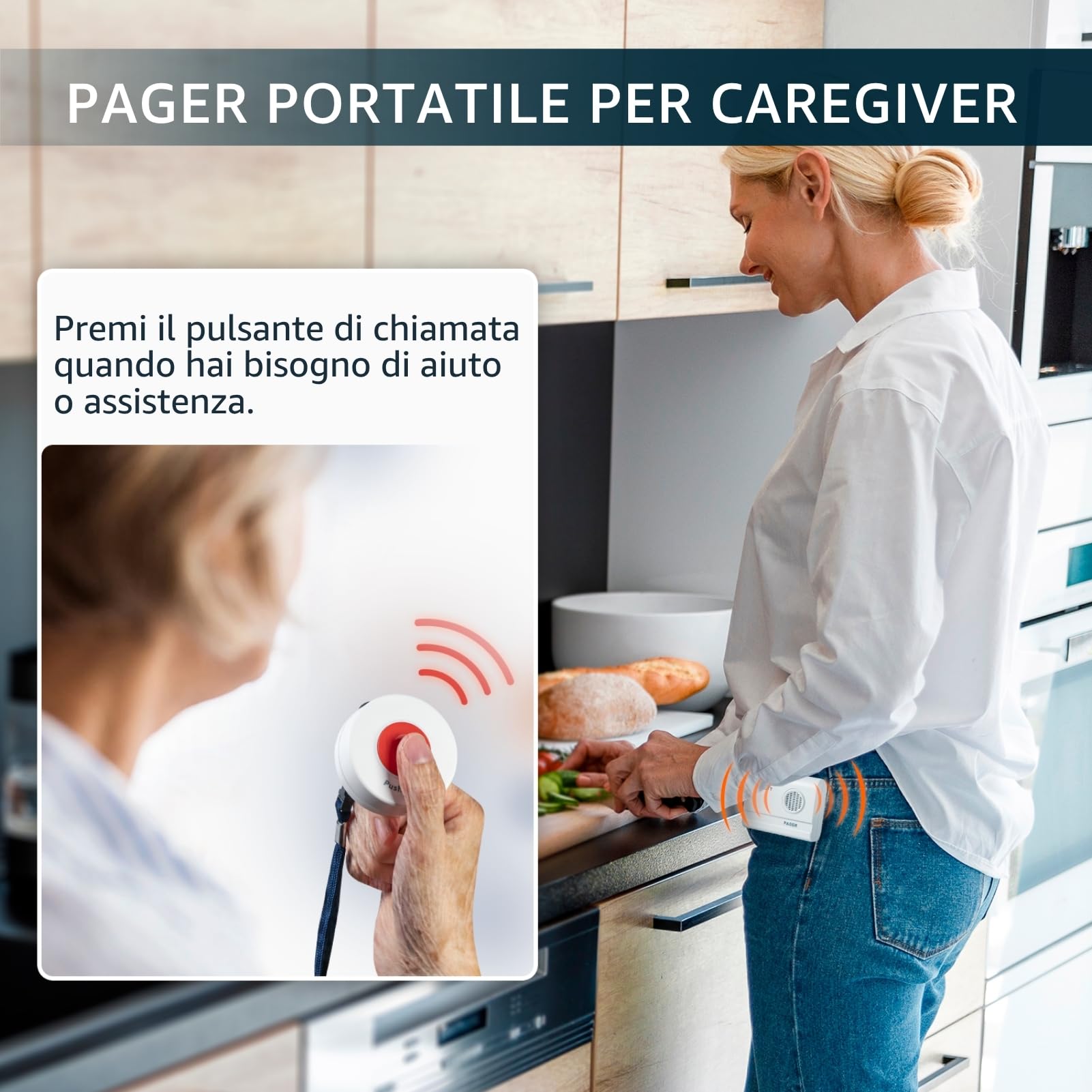 Cercapersone Wireless con 2 Pager e 2 Pulsanti SOS – Sistema di Allarme Portatile per Caregiver, Chiamata Infermieristica, Pazienti, Case di Cura ed Emergenze a Casa