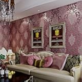 QIHANG European Style 3D Damask Pearl Powder Non-Woven Wallpaper Roll Purple&Red Color 0.53m*10m=5.3㎡
