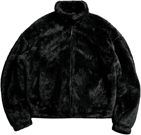 Mens Plush Faux Fur Winter Jacket High Collar Cropped Jacket Puffer Jacket Zip Up Winter Warm Fuzzy Jacket