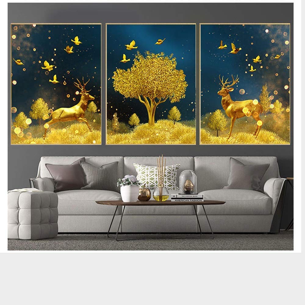 WXQ-XQ 3pcs Minimalist Modern European And American Style Personality Golden Trees And Grass Deer Pattern Crystal Porcelain Painting Murals Decorative Wall Paintings Foam Frame Home Living Room Bedroo