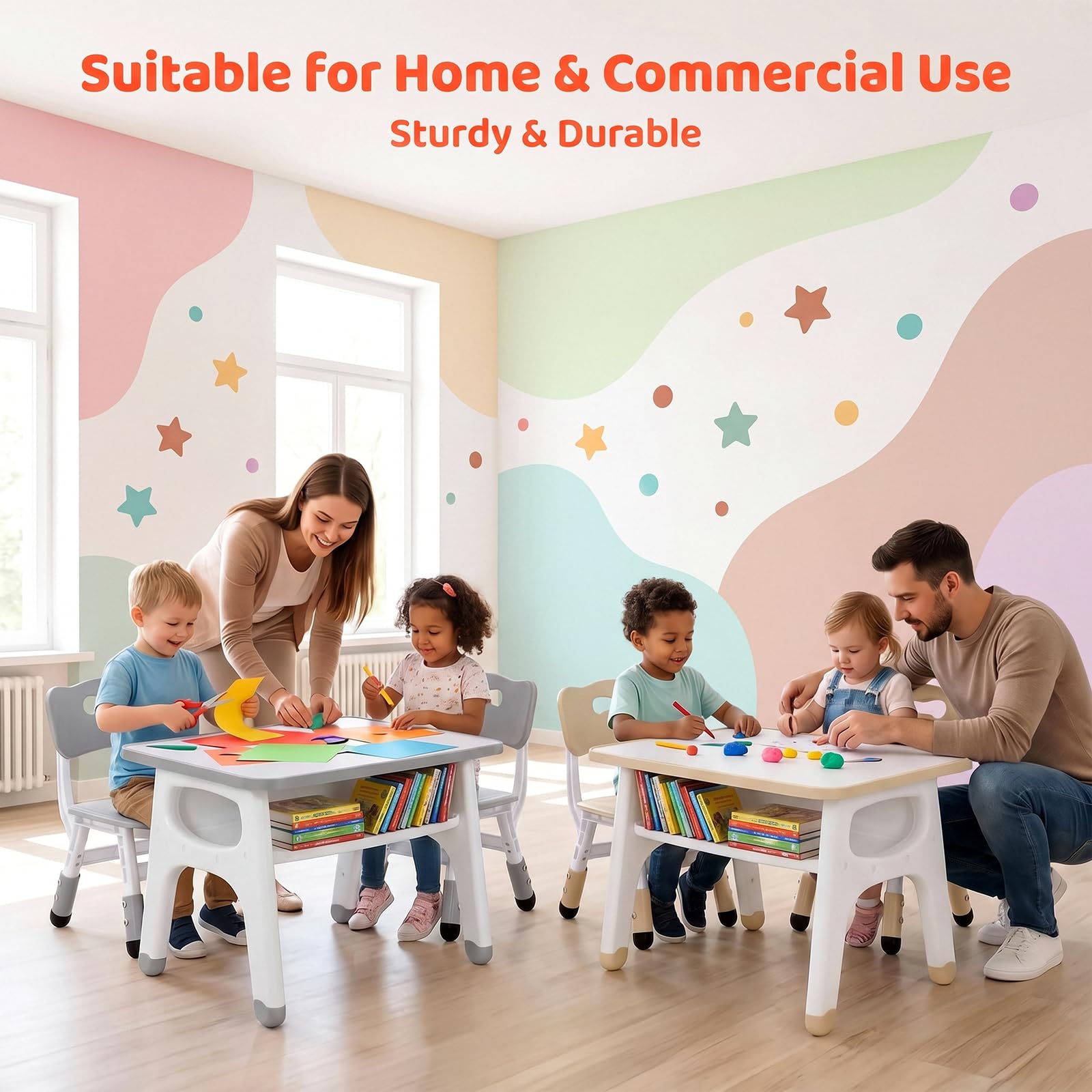 MAMIZO Kindertisch-Stuhl Set, Kindersitzgruppe mit 2 höhenverstellbaren Stühlen, Maltisch für Kinder mit bemalbarer Tischplatte & Stauraum, multifunktionaler Kinderspieltisch 70x50 cm, Grau