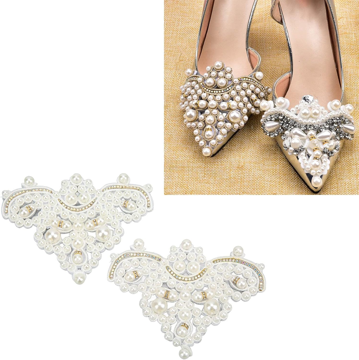 Pssopp 2Pcs Rhinestone Pearl Embellishments Pearl Flower Shoe Clip Pearl Patch Applique for Jewelry Making Clothes Bags Shoes Wedding DIY Supplies(pearl toe)