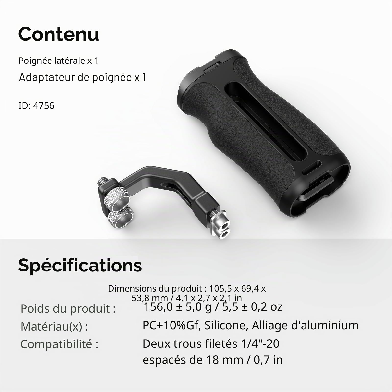 SMALLRIG Mini poignée latérale avec vis 1/4" -20 pour cage de caméra, réglable de haut en bas, pour main gauche ou droite, poignée de caméra ergonomique avec griffe froide intégrée et trou fileté-4756