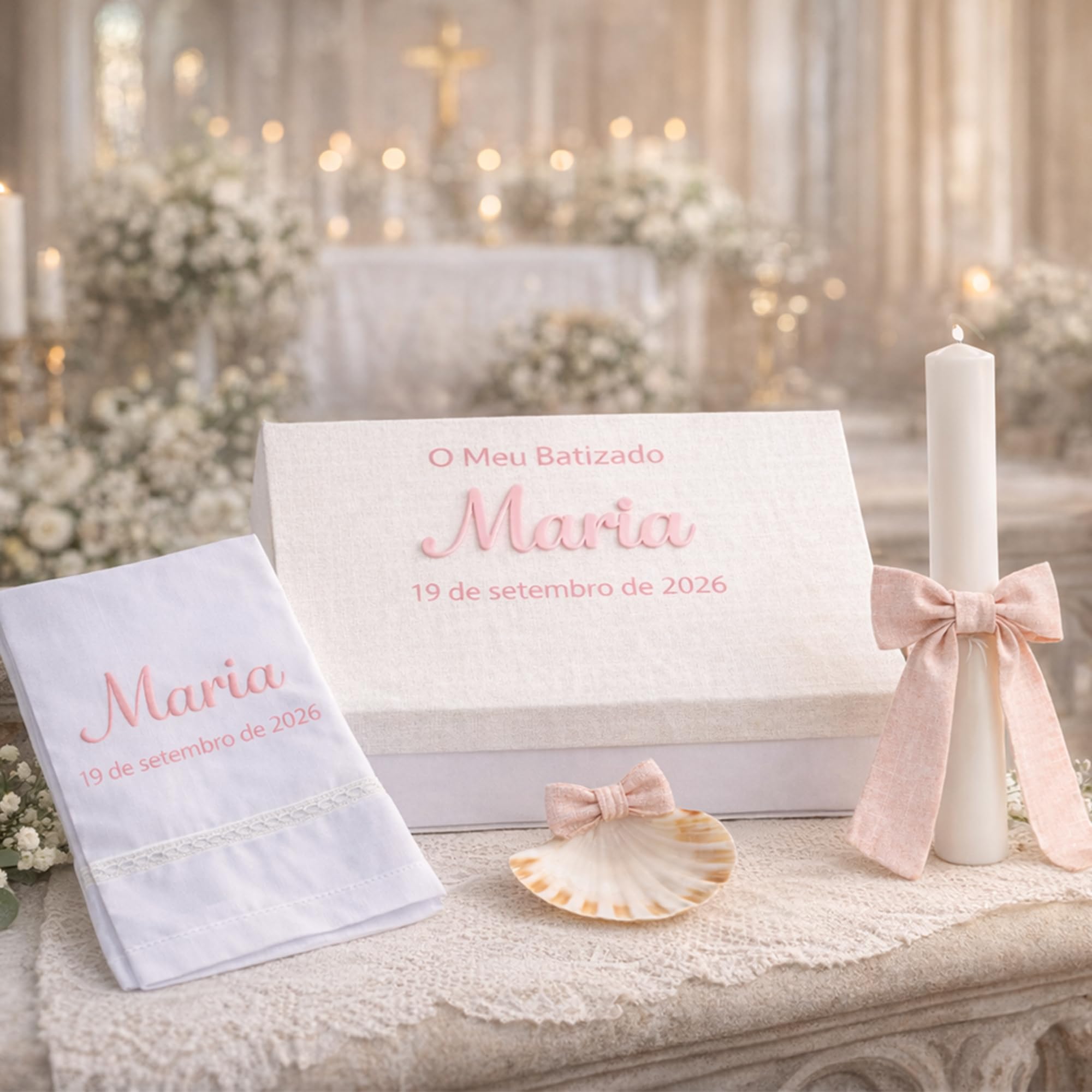 Kit de Baptême Personnalisé Bébé – Coffret Baptême avec Prénom et Date – Bougie, Serviette en Lin, Coquille Baptême – Cadeau Baptême Fille Garçon
