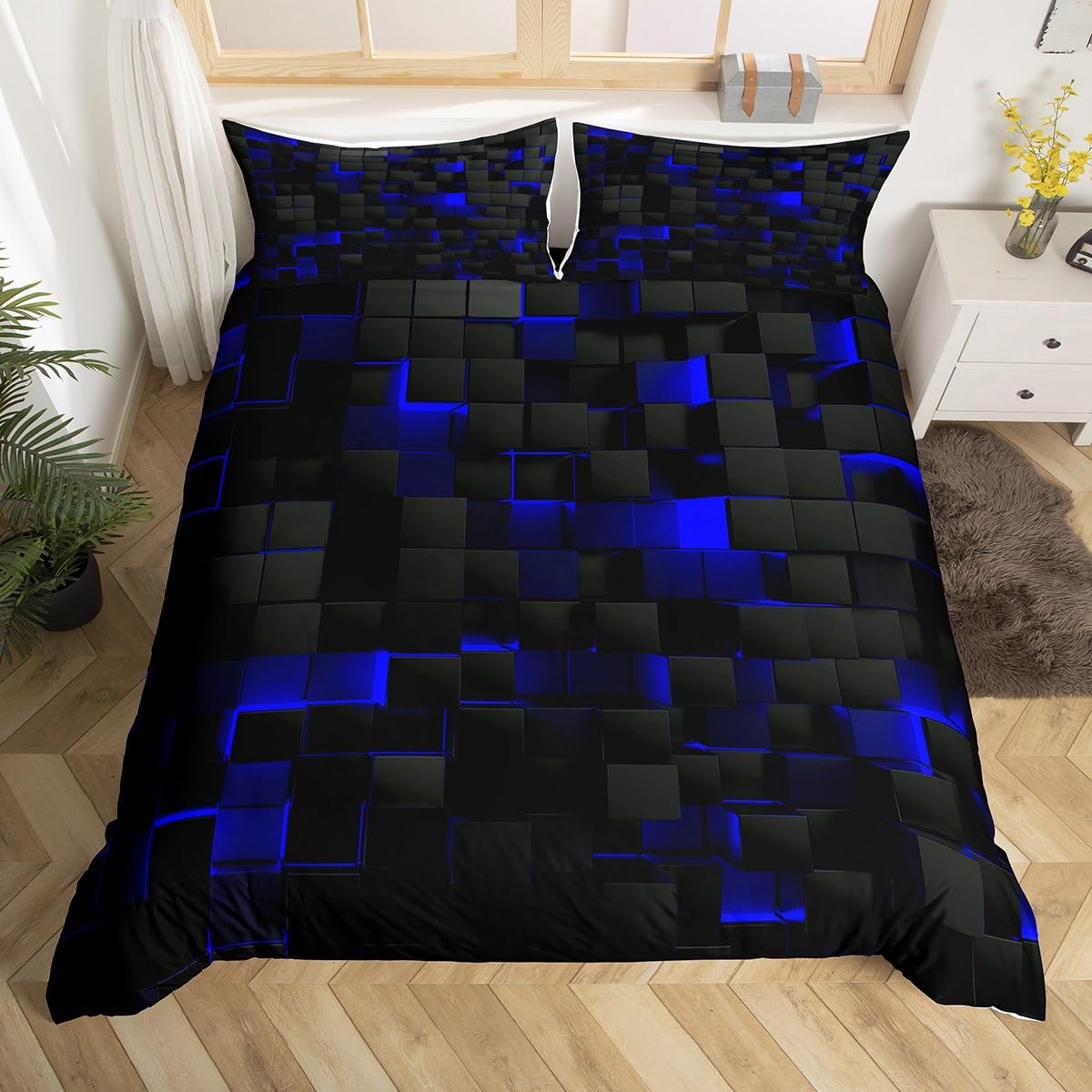 Teen Boy Geometric Bedding Set Super King Black Navy Royal Blue Kids Comforter Cover For Boys Men,Neon Abstract Stereoscopic Check Grid Duvet Cover Square Plaid Bed Set 3D Modern Room Decor