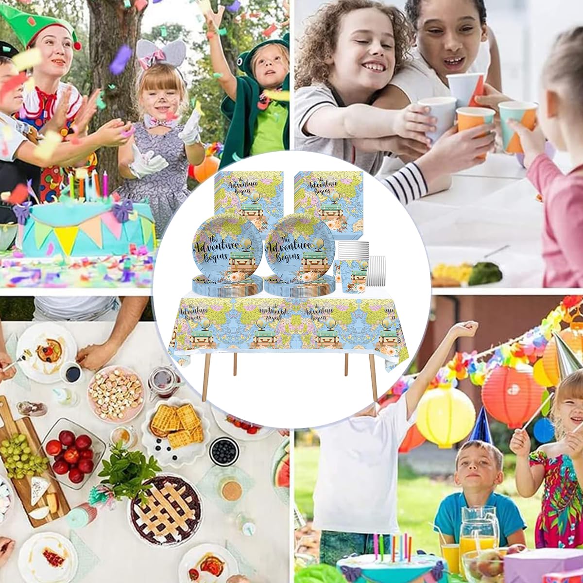 Viaggi Stoviglie per feste, 61 pezzi Esploratore Stoviglie per compleanni per bambini, Mappa del mondo Set di piatti di carta per feste, Compresi bicchieri, tovaglioli e tovaglie
