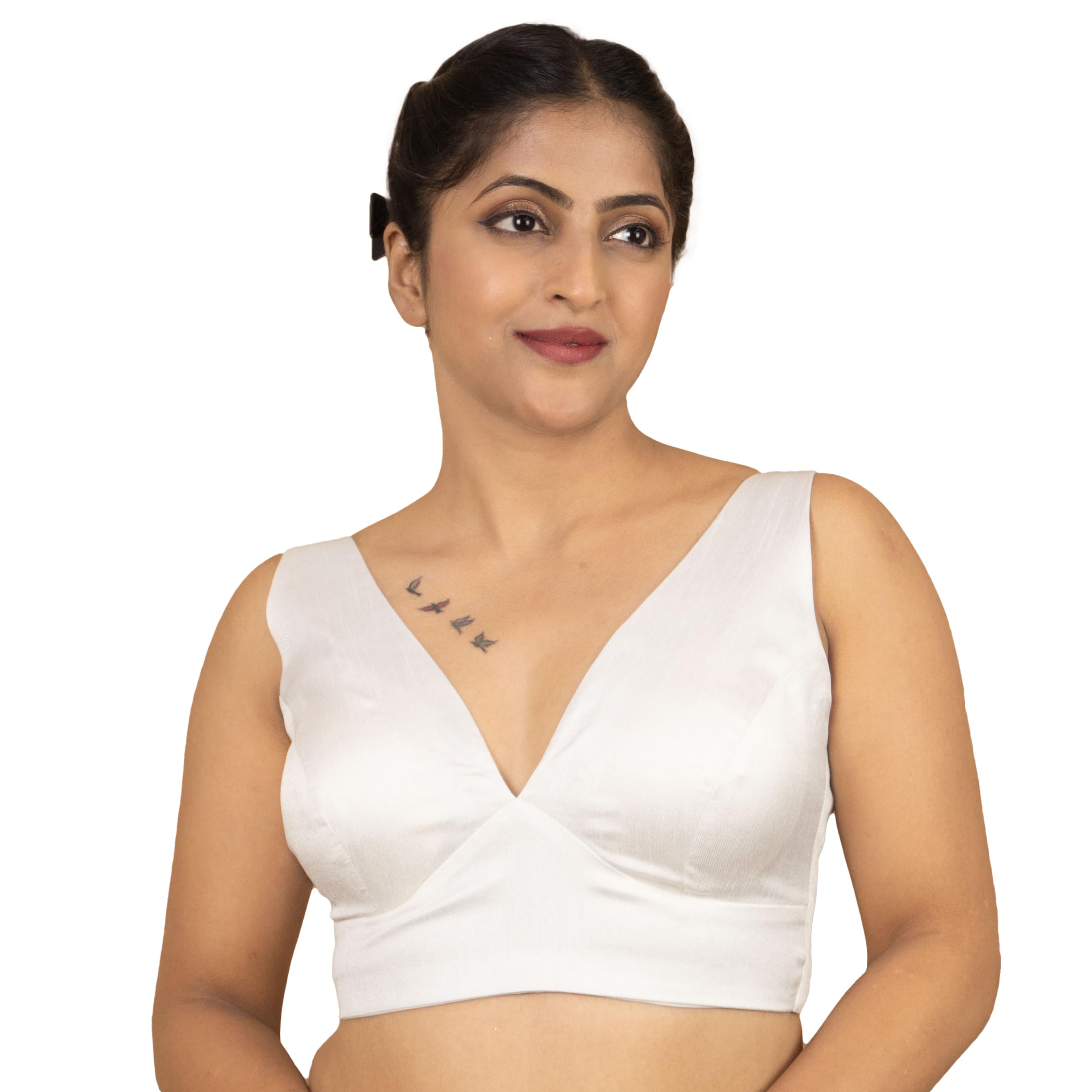 Women's Dupion Raw Silk Sleeveless V Neck Sabyasachi Cut Readymade Saree Blouse Padded Stitched Lining Designer Indian Festive Blouse | S4