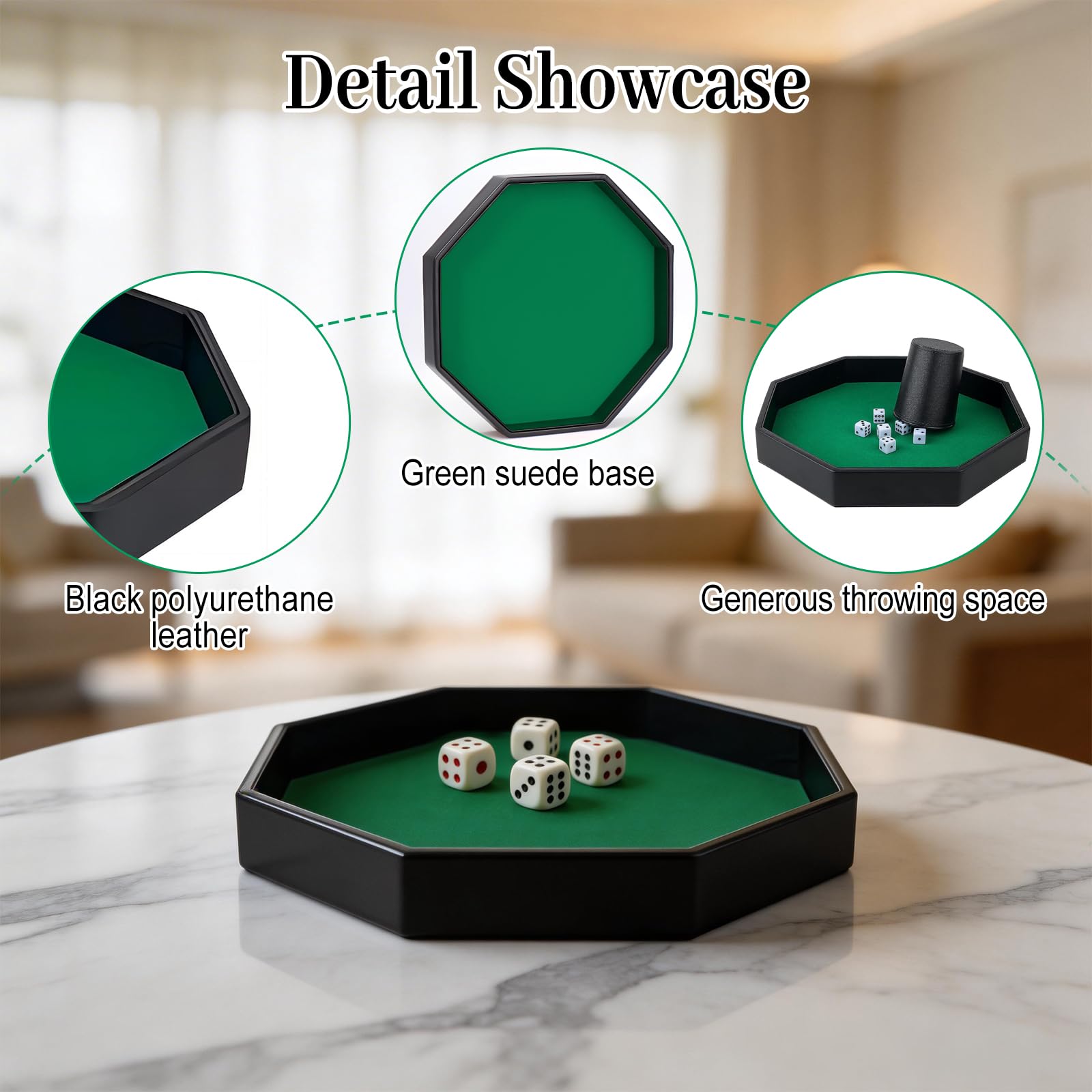 Plateau à dés, tapis à dés avec support en feutre, Dice Rolling Tray, plateau à dés octogonal doublé de feutre en cuir PU, plateau à dés pour jeux Dungeon Crawler (vert)
