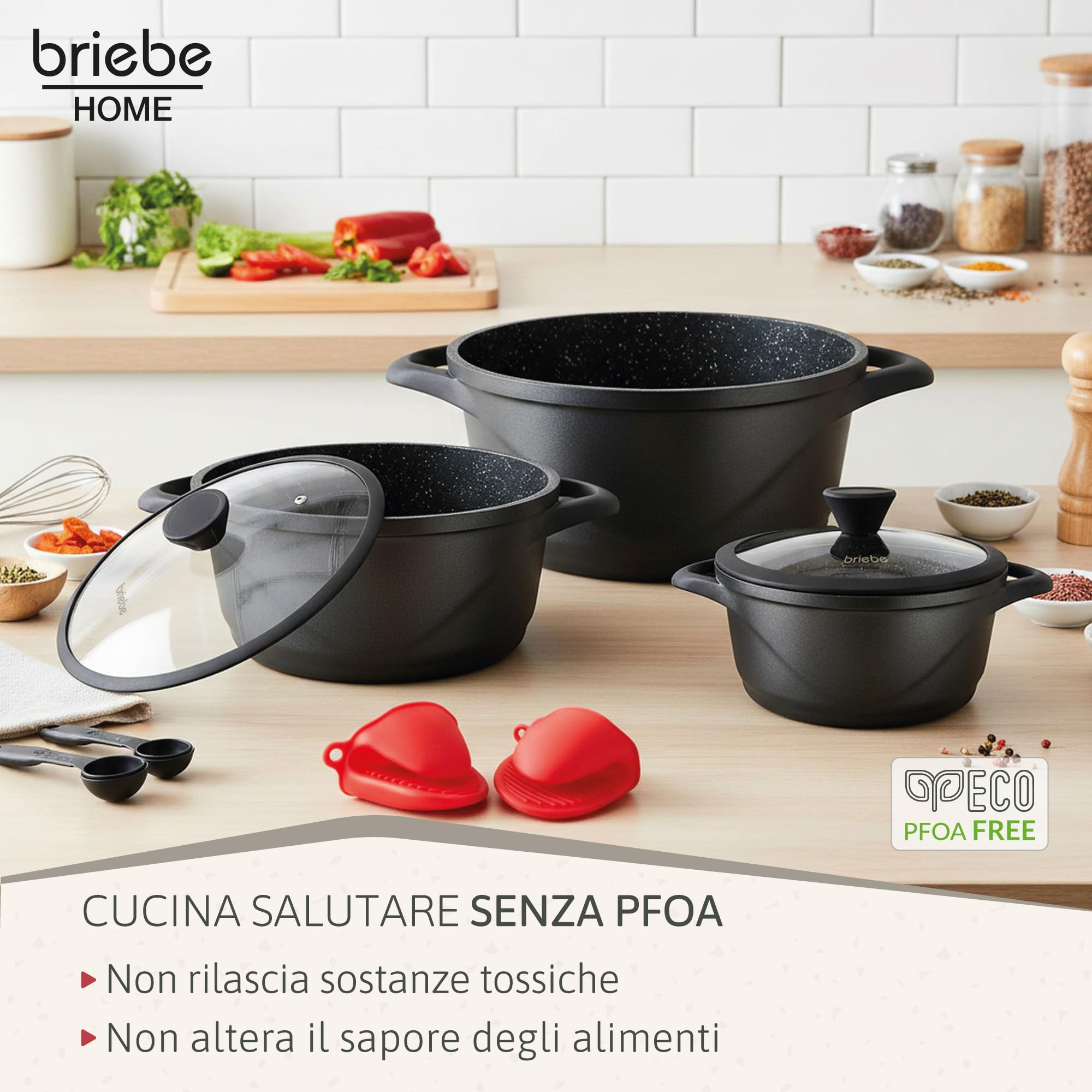 briebe Set Pentole Induzione Batteria 6 Pezzi, 3 Casseruola, Alluminio Pressofuso, Antiaderente ILAG GRANITEC senza PFOA, Coperchi in Vetro, Guanti in Silicone, Vetroceramica, Gas, Forno, MGK-18S