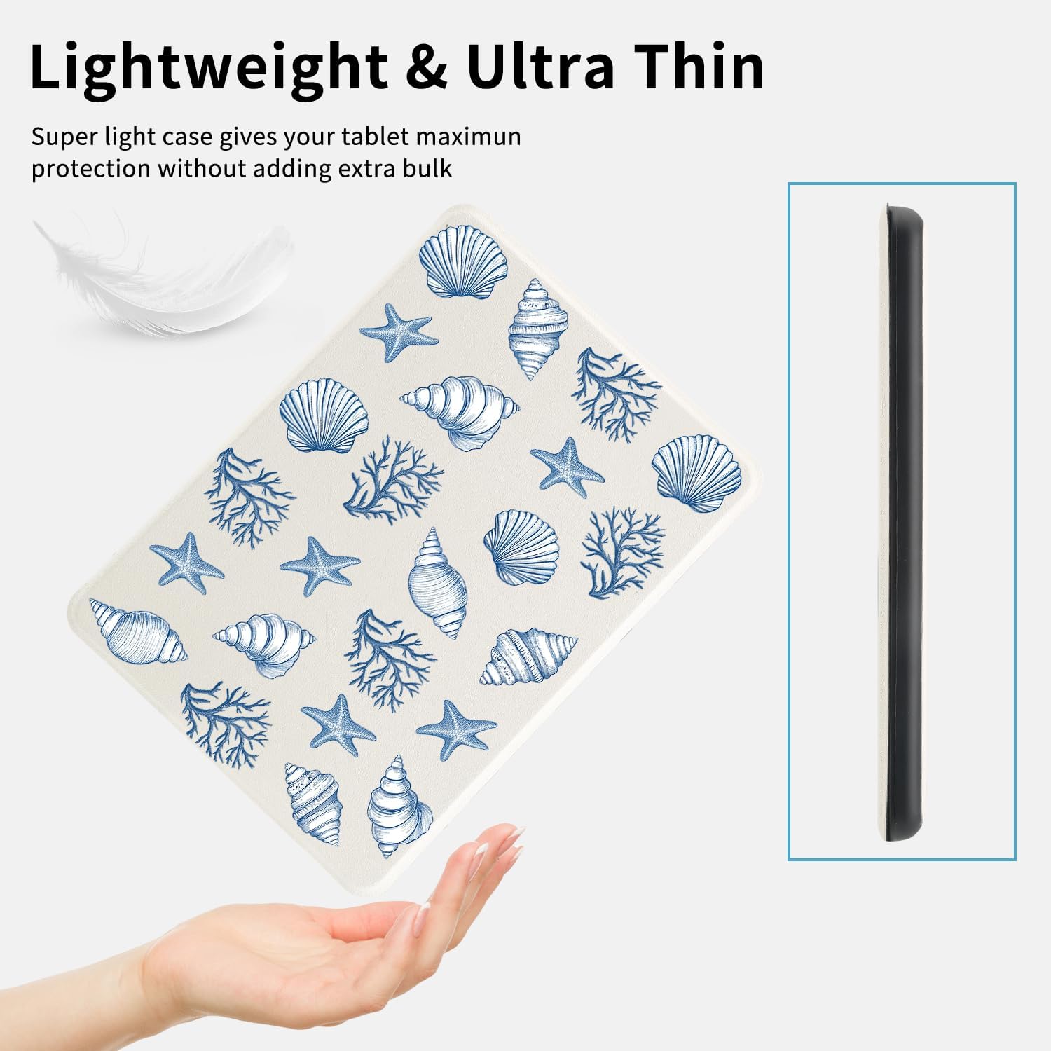 Blue Seashell Case for Basic Kindle 11th Generation (2024/2022 Release) 6 Inch with Hand Strap Premium PU Leather Smart White Protective Folio Cover with Auto Sleep/Wake