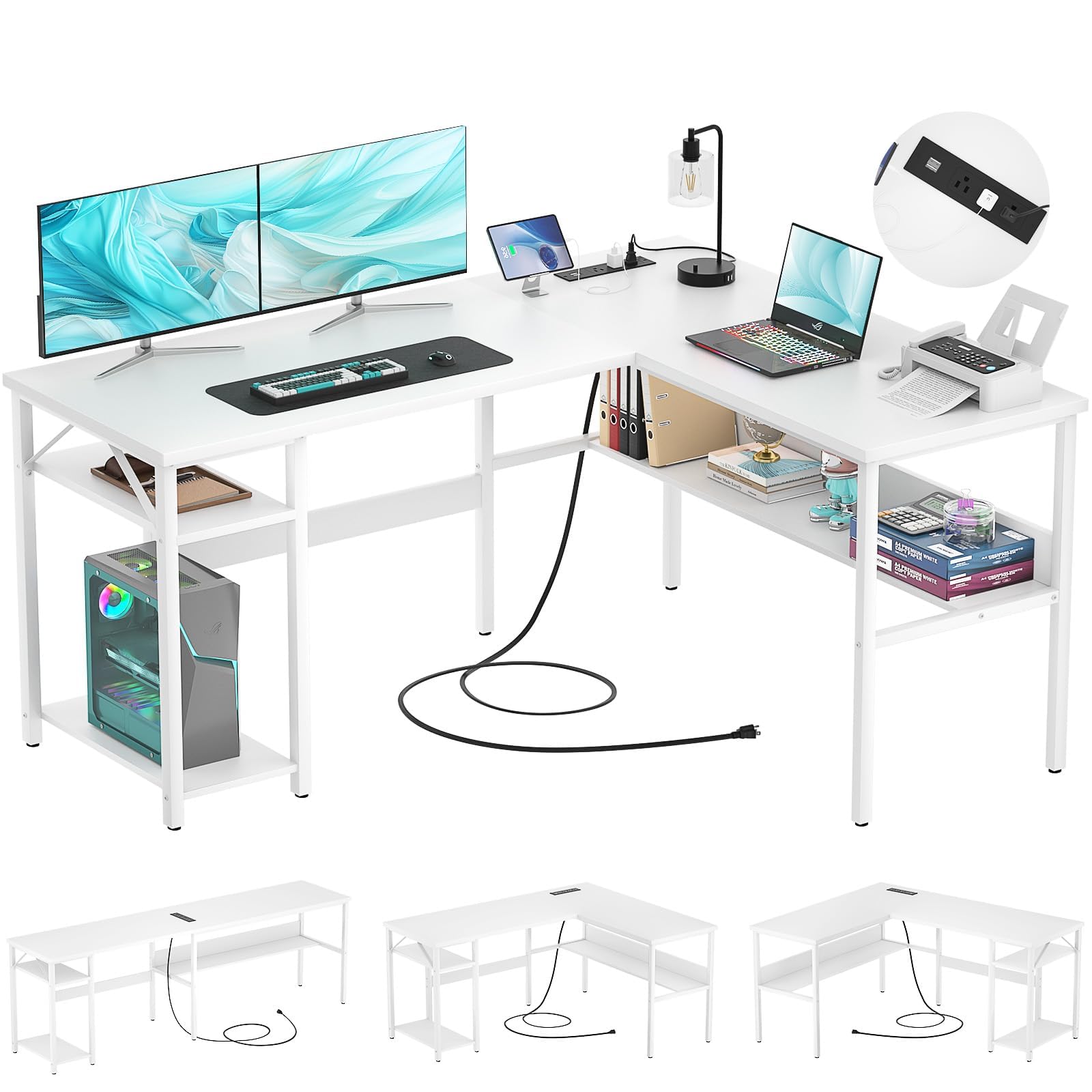 Hyomdeck Reversible L Shaped Gaming Desk with Power Outlets and USB Charging Ports, Sturdy Computer Desks with Storage Shelf, Modern Corner Desk Home