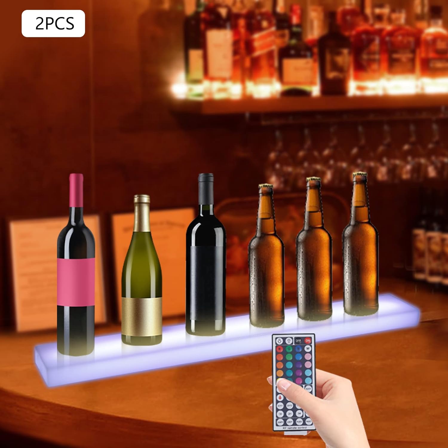 2PCS LED Liquor Bottle Display Shelves, 32 inch Acrylic Lighted Bar Shelf with RF Controller Controller for Home Commercial Bar Floating Wall Mounted Display Shelves 2 Pieces