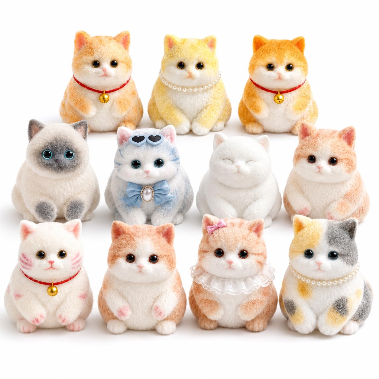 Fuzzy Cat Squishy Toy, Mollige Kitty Squeeze Figur, komplette Kollektion, 10 Stück