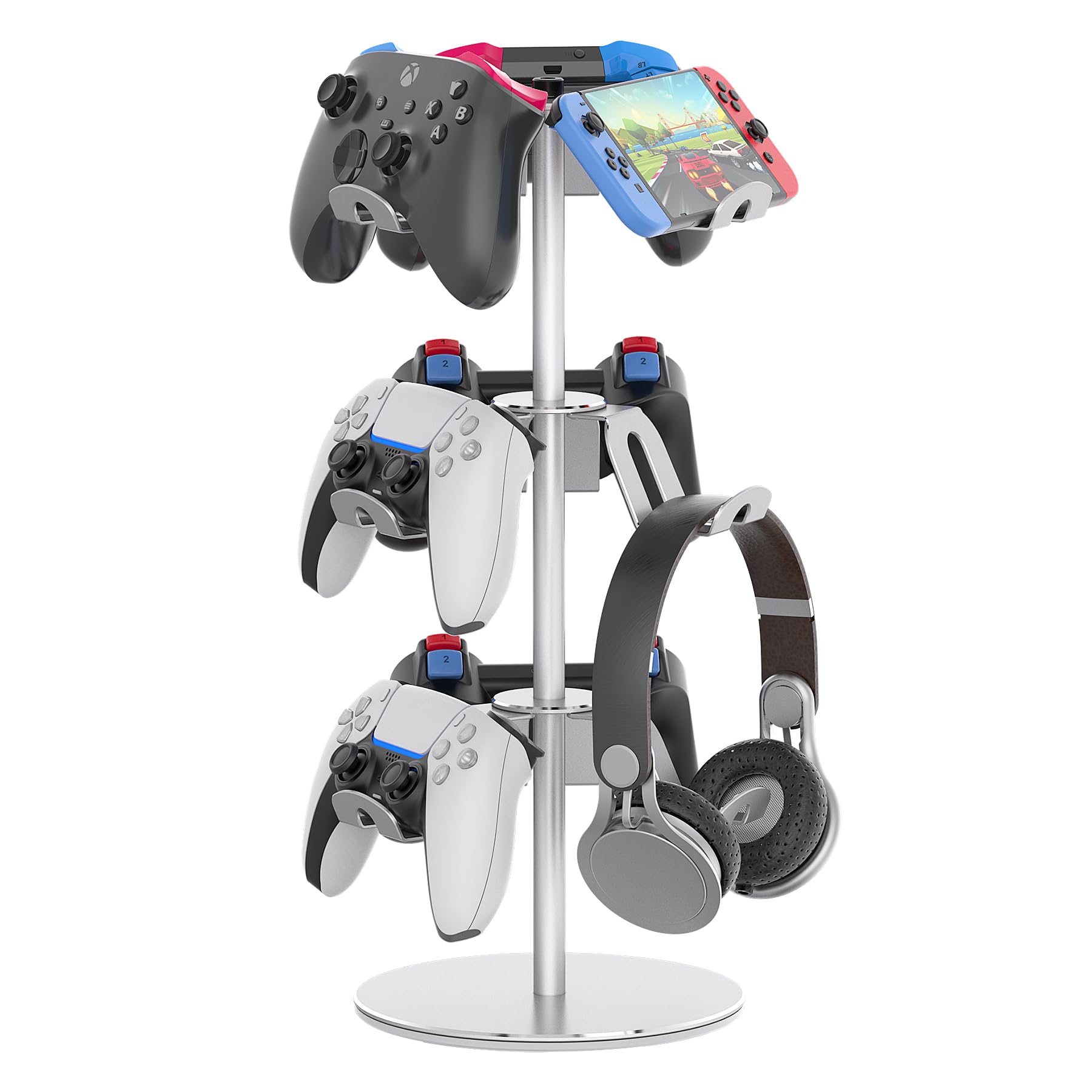 Soporte de controlador compatible con Xbox PS5 PS4 Nintendo Switch, soporte de aluminio para auriculares de 3 niveles, organizador giratorio para controlador de auriculares, universal y de gran