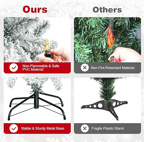 Miniatura 6 de HAPPYGRILL Árbol de Navidad artificial flocado de 6 pies con 600 puntas de ramas de PVC, árbol de Navidad con bisagras, árbol de vacaciones de