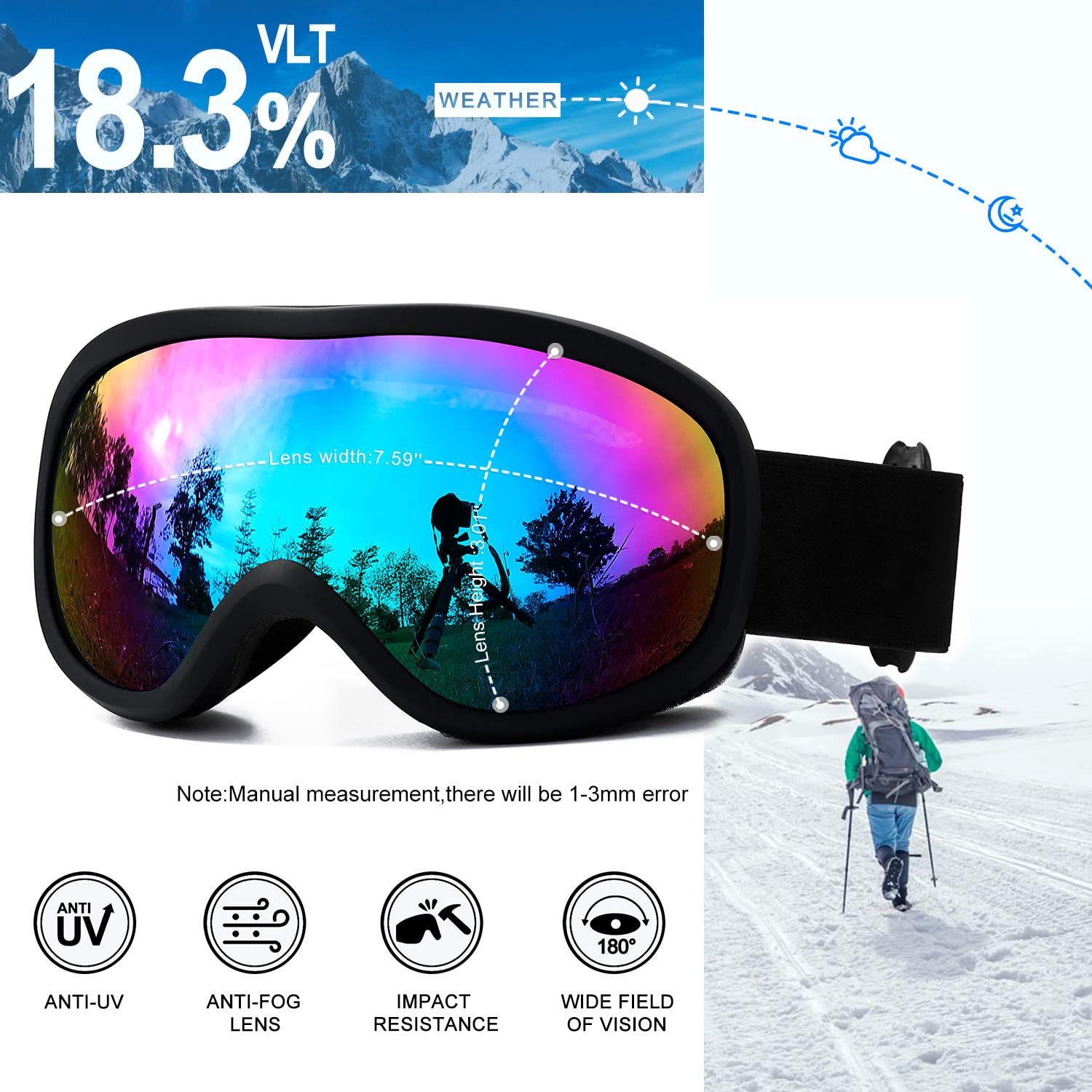 AVV OTG Occhiali da sci per uomo e donna con lenti anti-appannamento a doppio strato, UV400 Snow Goggle per snowboard motoslitta, pattinaggio