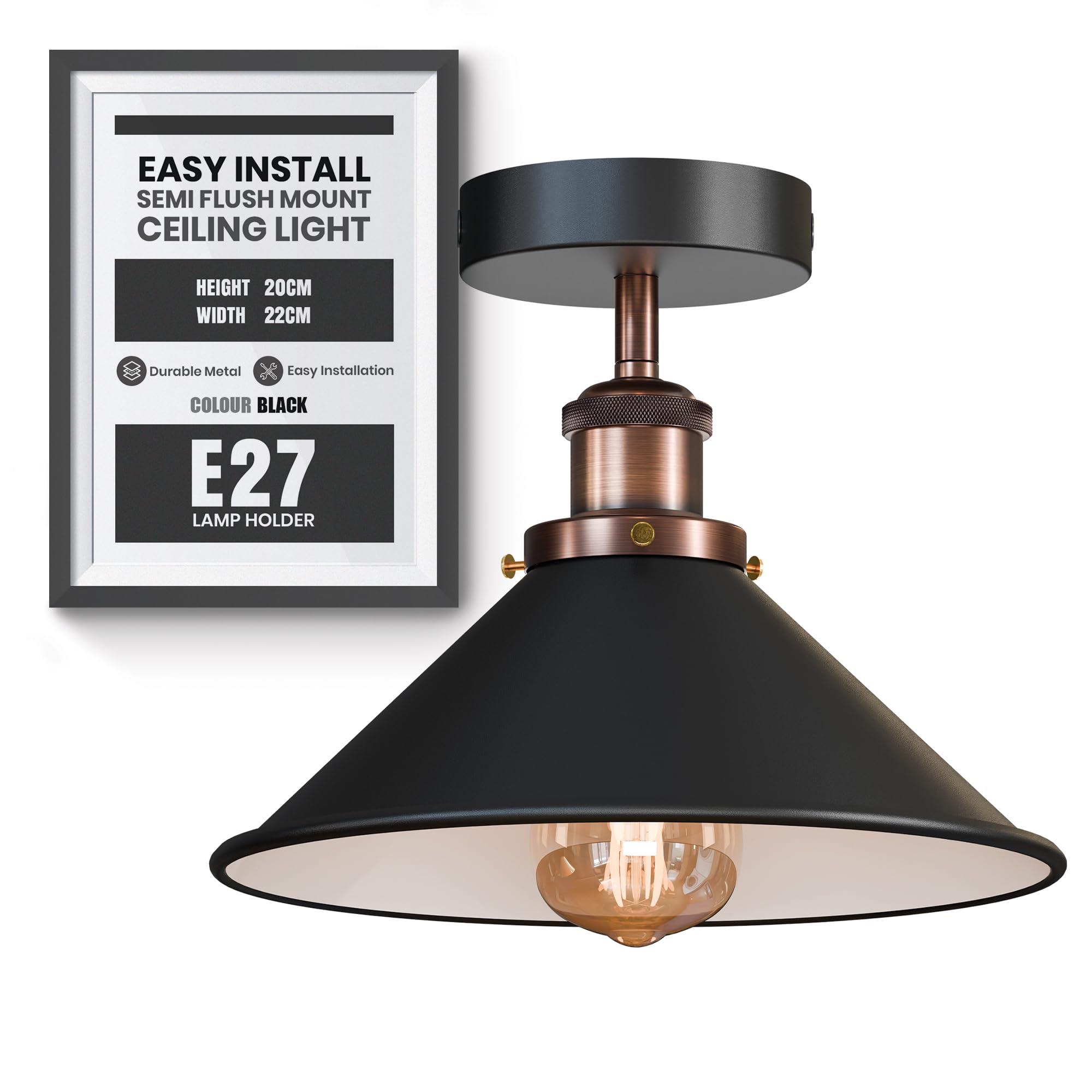LEDSone Industrial Semi Flush Mount Ceiling Light Metal E27 Base 22cm Black Inner White Cone Lampshade Indoor Lighting Fixture for Bedroom Living Room Hallway Kitchen Without Bulb