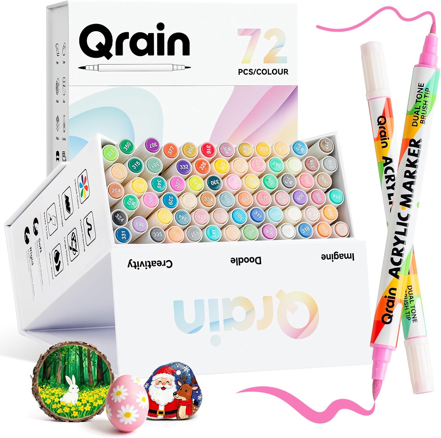 Qrain Acrylic Paint Markers Set, 72 Colors, Dual Tips (Brush & Fine), Water-Based Acrylic Markers for Rock, Wood, Glass, Fabric, Ceramics & DIY Crafts