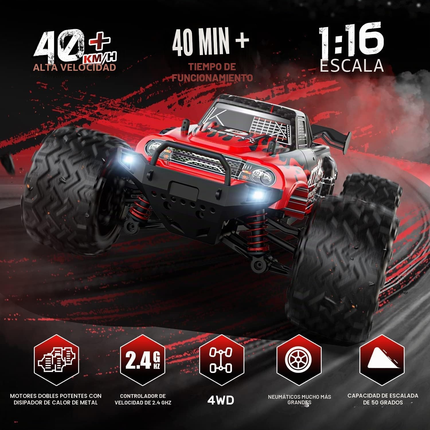 DEERC 9500E Coche RC Todo Terreno Escala 1:16, 4x4 de Alta Velocidad 40 KPH, Control Remoto de 2,4 GHz Con 2 Baterías, Camión Monstruo Todoterreno Para Adultos y Niños