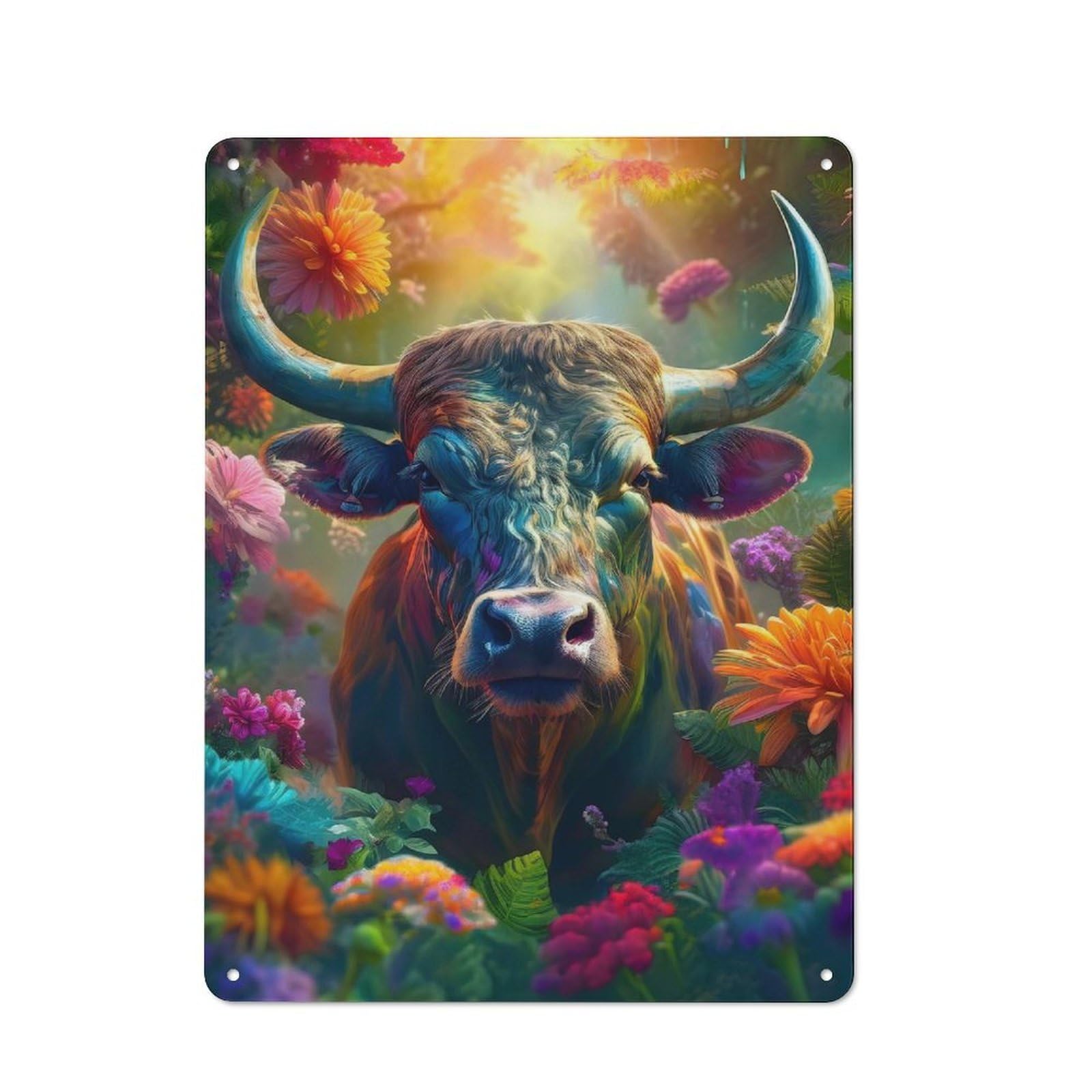 Junmoney Style-10 Country Metal Sign With Colorful Bull In Flowers Design 40X30cm, Barn Style Farmhouse Wall Decor For Farmhouse Kitchen, Pantry Or Dining Area