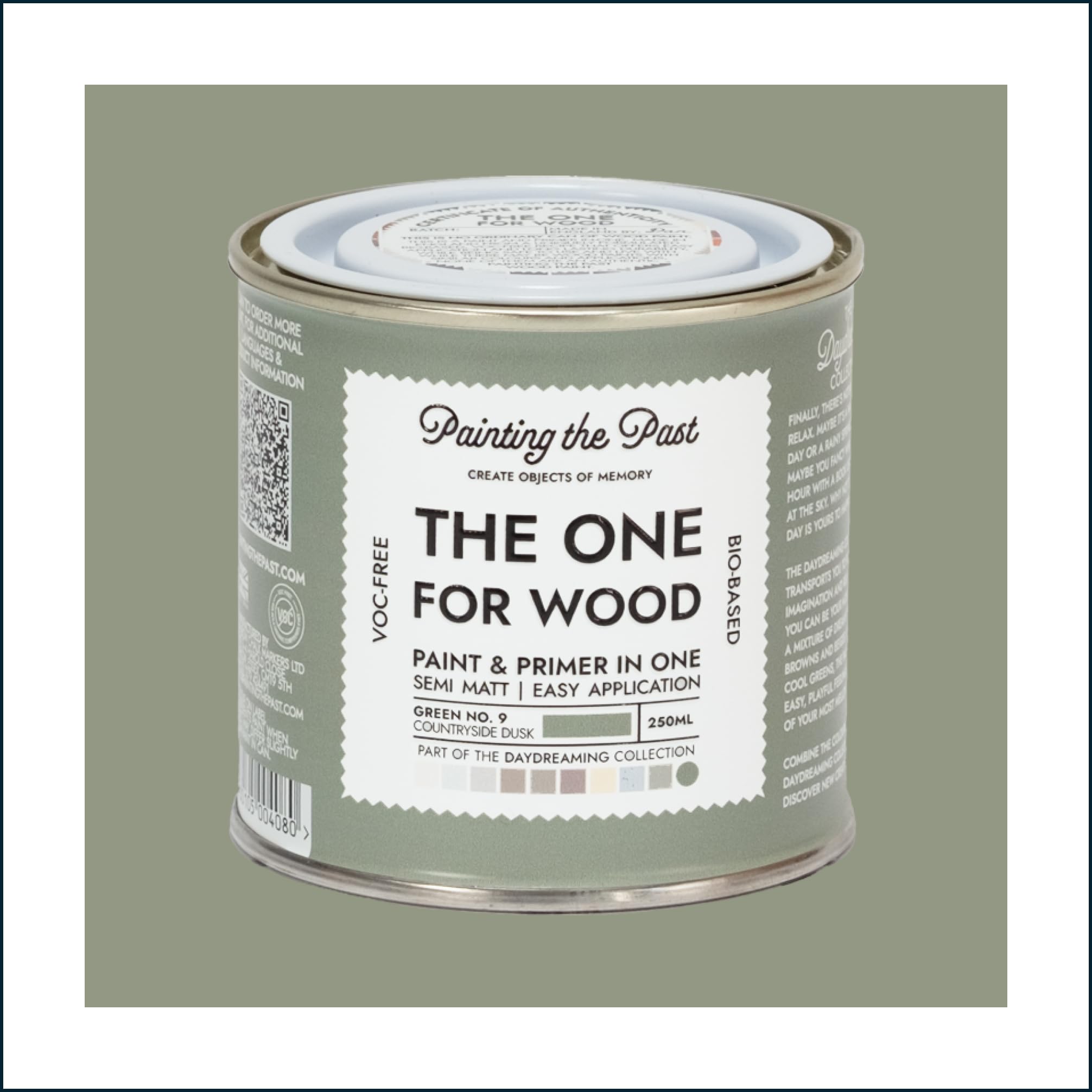 The One for Wood Paint & Primer 250ml Green No. 9 Countryside Dusk | Semi Matt Finish, Bio-Based & VOC-Free Formula for Wooden Furniture & Surfaces | Durable & Easy Indoor Home Decorating