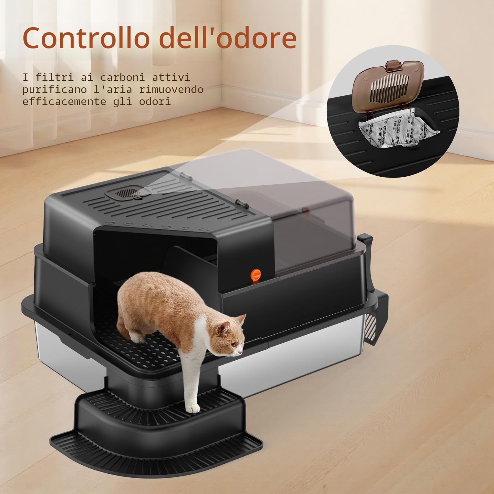 Lettiera per gatti in acciaio inox, con parete laterale alta, in metallo, con marcia filtrata, gradino, pala, non adesiva, inodore, facile da pulire (nero)