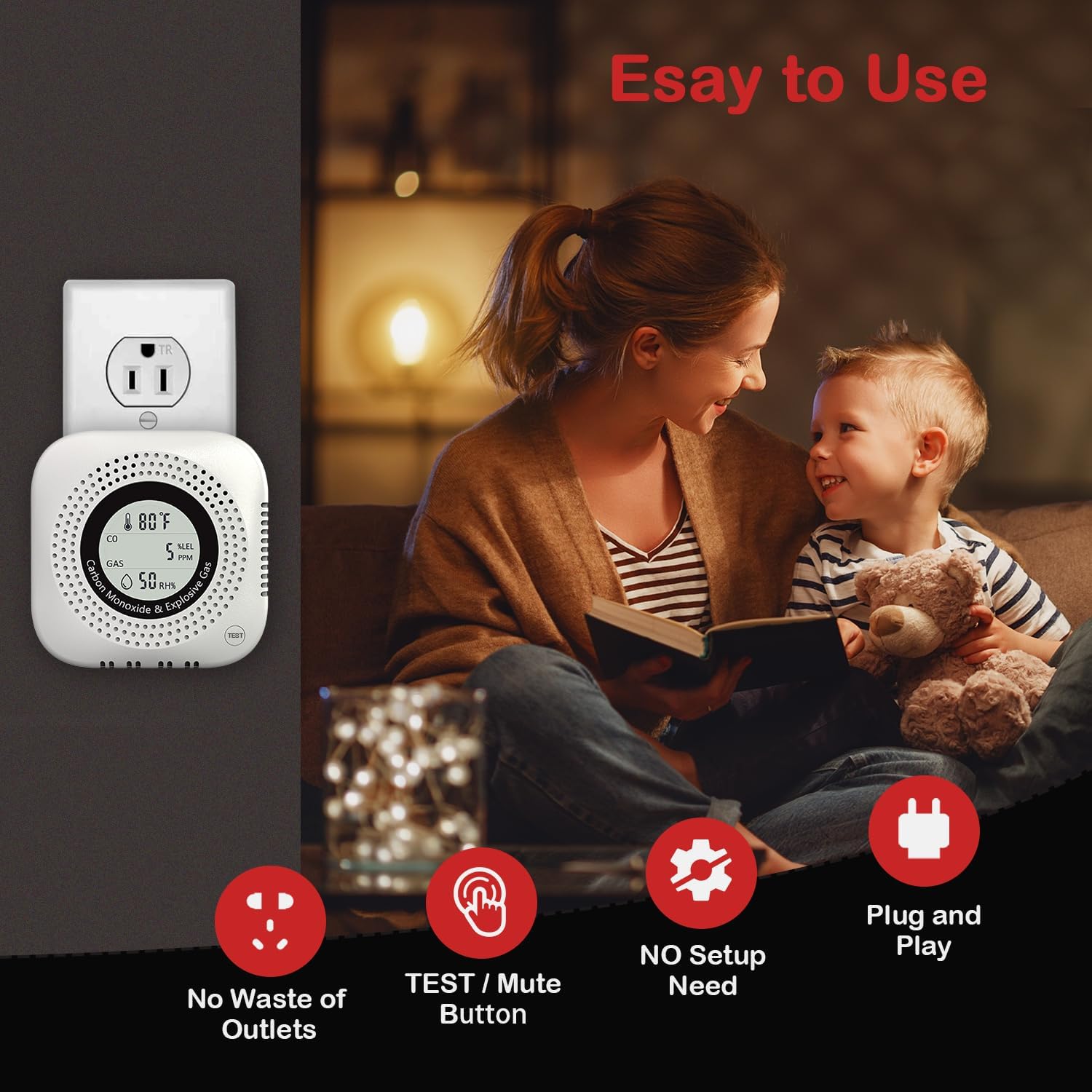 4-in-1 Carbon Monoxide & Natural Gas Leak Detector, Carbon Monoxide Detectors Low PPM, Foldable Plug-in CO/Gas Alarm with Temperature & Humidity Display for Home, Apartment, Hotel, Kitchen (2Pack)