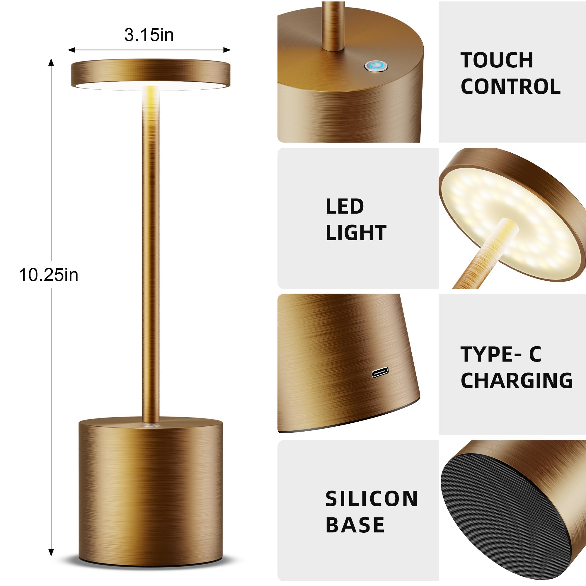 YIKUI Lámpara De Mesa LED Recargable Para Exteriores, Portátil, De 6000 MAh, Funciona Con Pilas, 3 Colores, Lámparas De Atenuación Continua Para Patio Restaurante (dorado