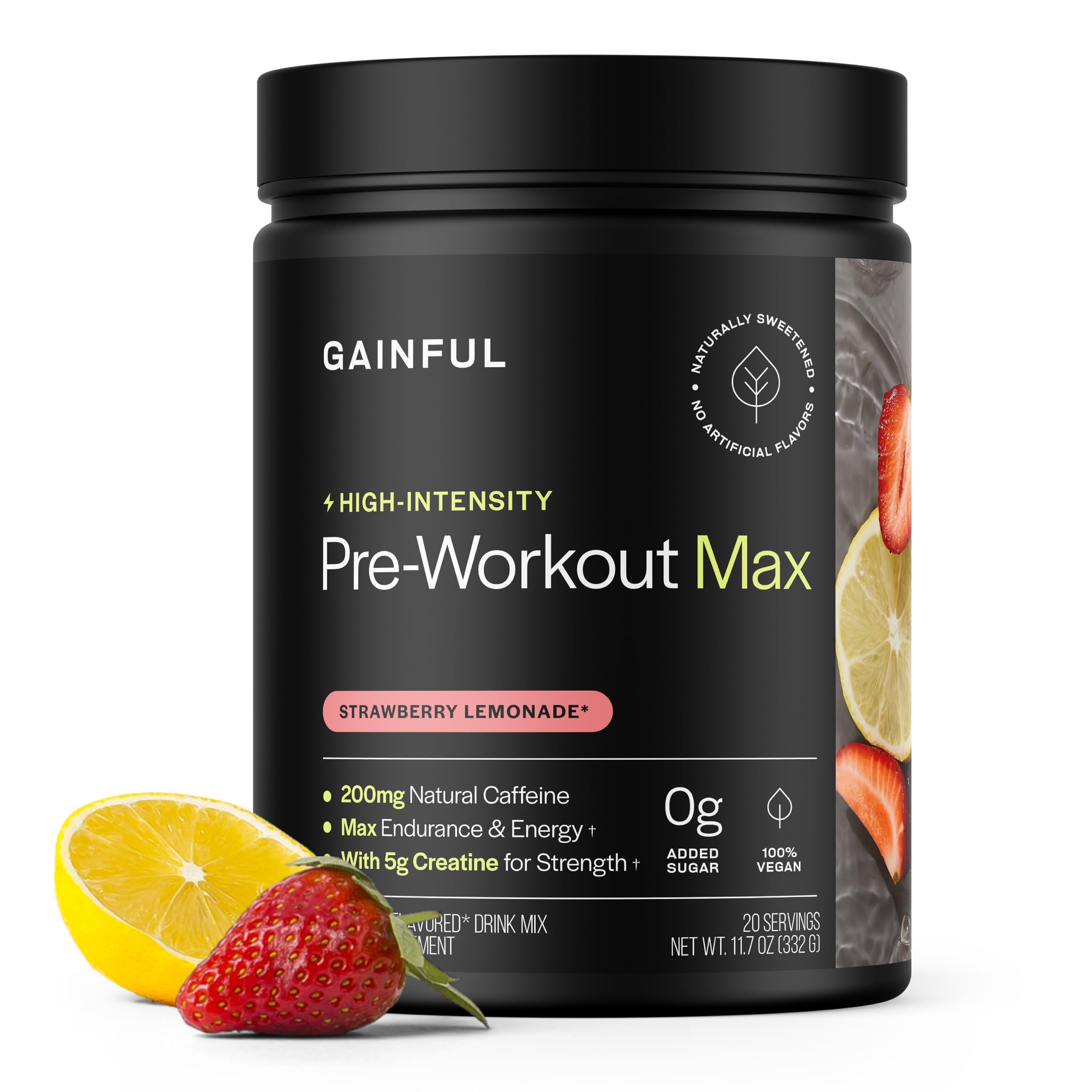 Gainful Pré-treino em pó com cafeína 200 mg e creatina monohidratada 5 g, sabor Strawberry Lemonade, 20 porções