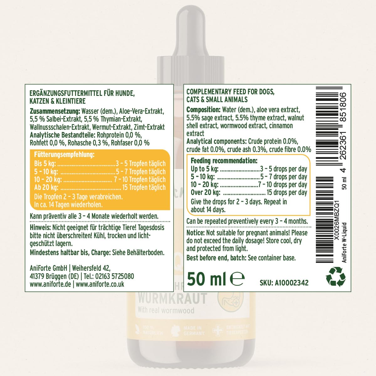 AniForte Wurm Kraut W-Liquid Gotas líquidas - alternativa natural para perros, gatos, mascotas, apoya y armoniza el estómago después de las infestaciones de gusanos, fabricado en Alemania, 50 ml