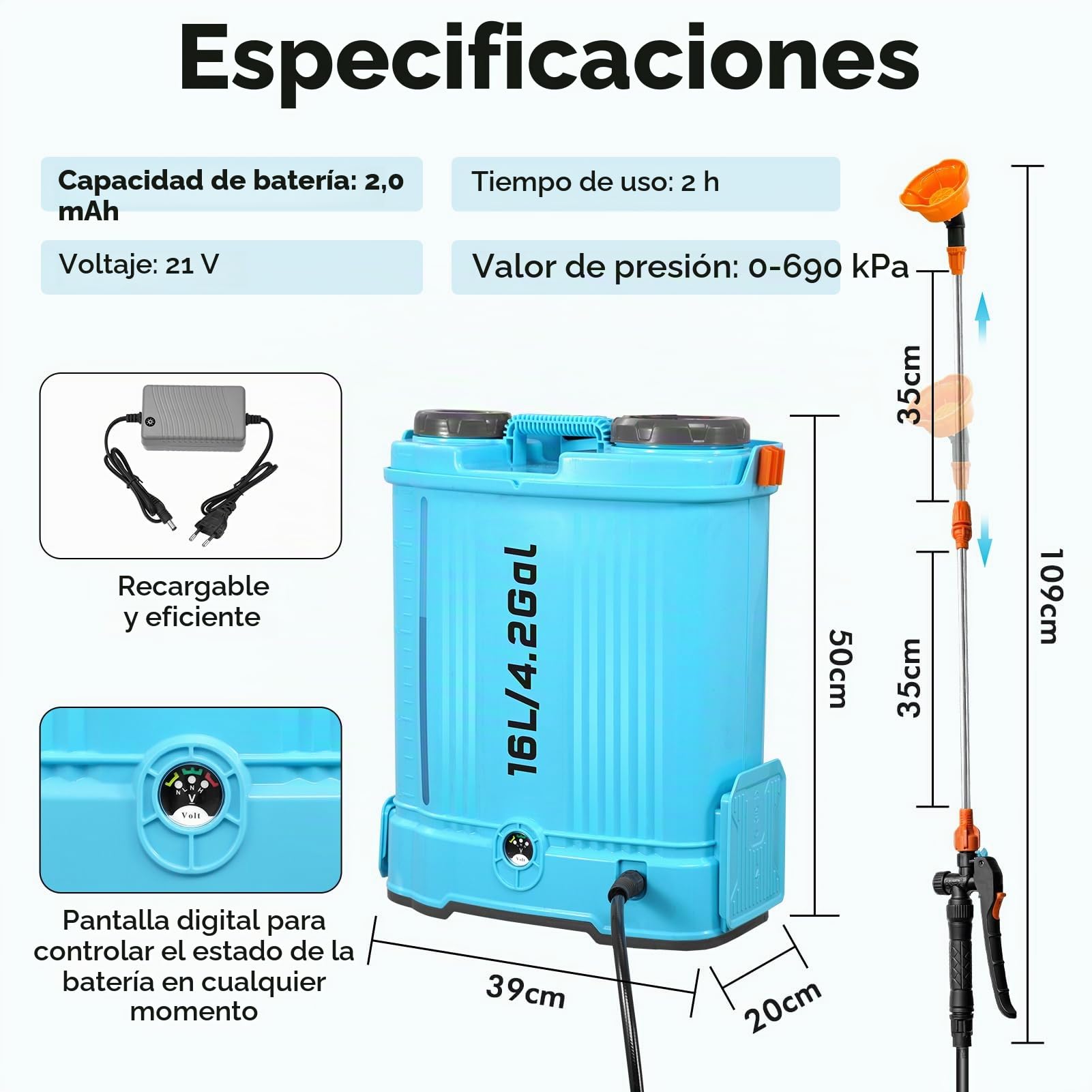 Viugreum 16L Pulverizador de Mochila Eléctrico, 21V Pulverizador de Jardín Eléctrico con 7 Boquillas de Nebulización, Lanza Telescópica y Correa Ajustable para Riego, Irrigación y Mantenimiento