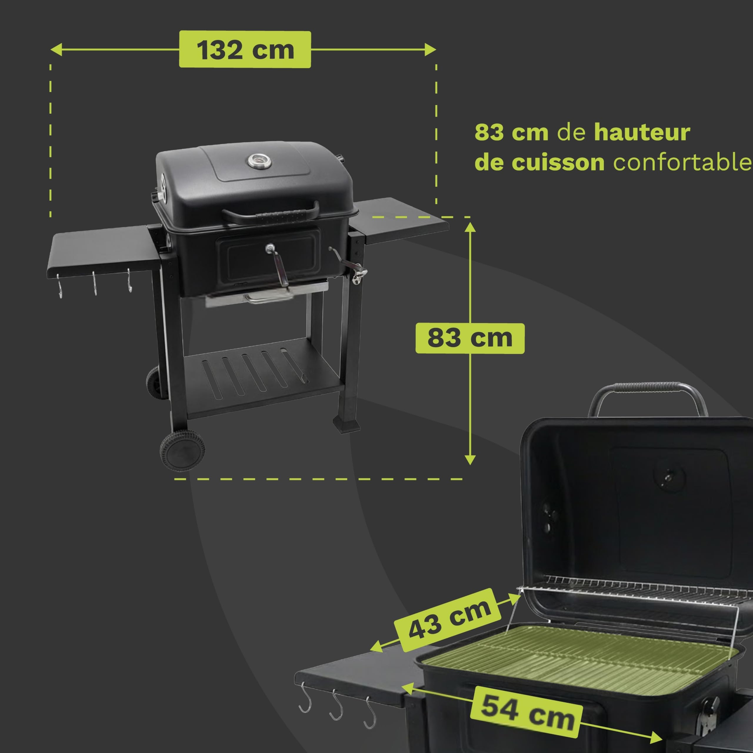 Barbecue Charbon de Bois avec Couvercle | Hauteur de Braise Ajustable | Grille de Cuisson XL 54x43 cm | 2 Tablettes Latérales Rabattables | Ustensiles Offerts | Récupérateur de Cendres