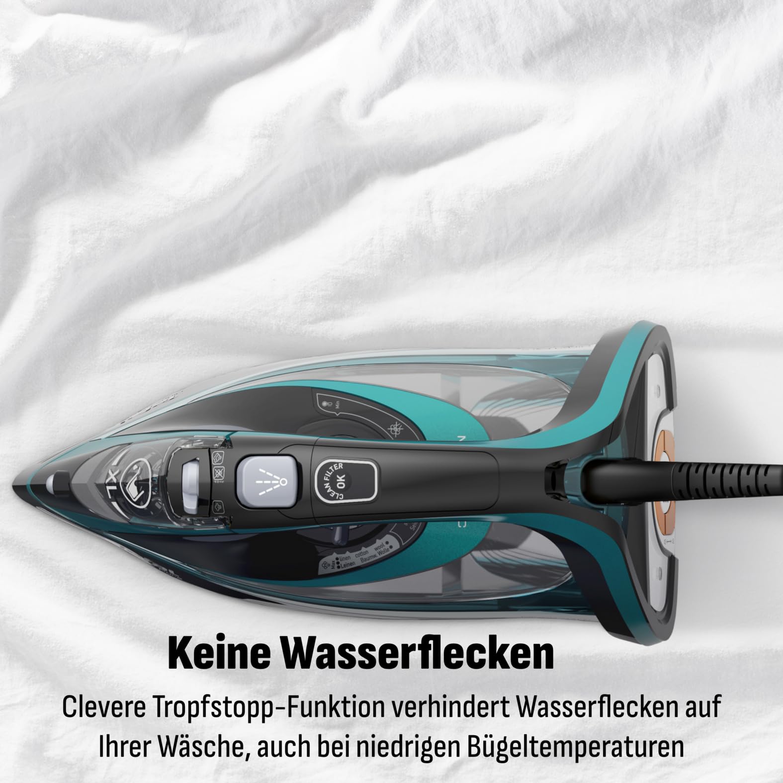 Tefal Dampfbügeleisen Ultimate Pure 3200 W 1,2 kg Micro-Calc-Filter Durilium Airglide Autoclean-Bügelsohle FV9844 schwarz/türkis