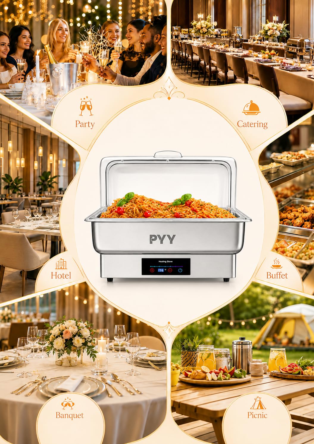 PYY Juego de Platos eléctricos para bufé, Plato de frotamiento con Parte Superior Enrollable, Juego de Servidor de Rozaduras de Acero Inoxidable para Catering, bufés (tamaño Completo con Tapa)