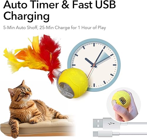 Miniatura 6 de Juguete automático para gatos, pelota interactiva con diseño de plumas y cola rápida 3.0, juguete eléctrico de persecución para gatos, recargable
