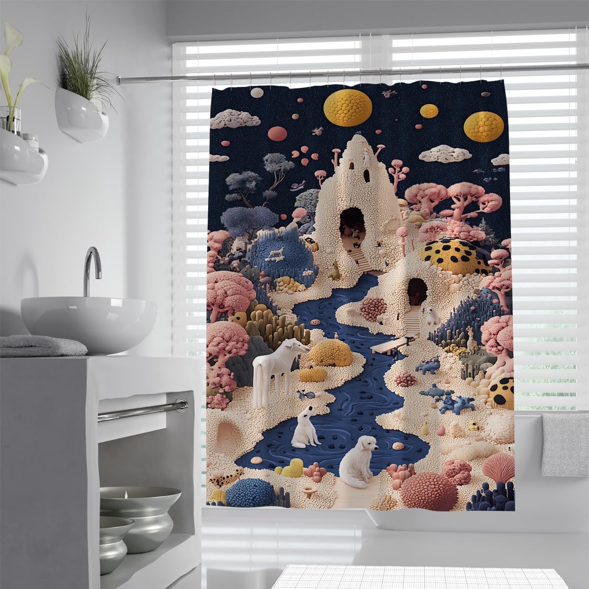 OLLIAR Home 3D Fantasy Forest Shower Curtain Magical Animal Print with Night Sky Pattern Waterproof Fabric Bath Curtain Set with Hooks for Bathroom Decor 150x180cm