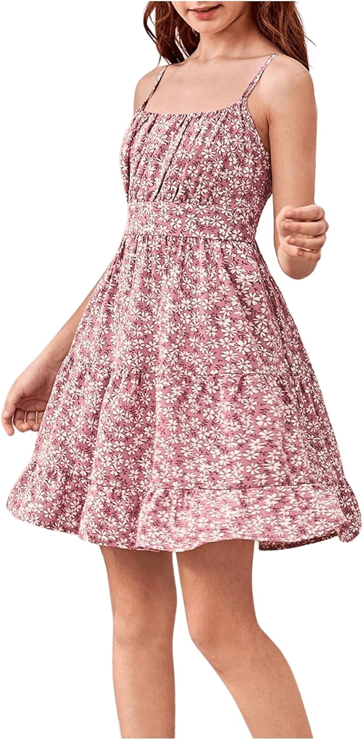 COZYEASE Girls' Floral Print Ruched Bust Ruffle Hem Sleeveless High Waist Cami Dress Boho Short Dresses - Image 5