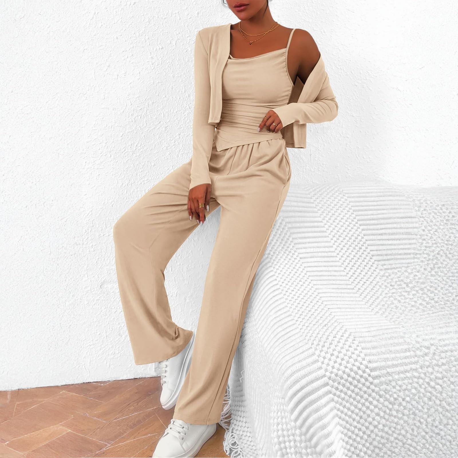 3 Pezzo Donna Manica Lunga Semplice Nubilato Top E Pantaloni Impero Waist Inverno Senza Colletto Sottile