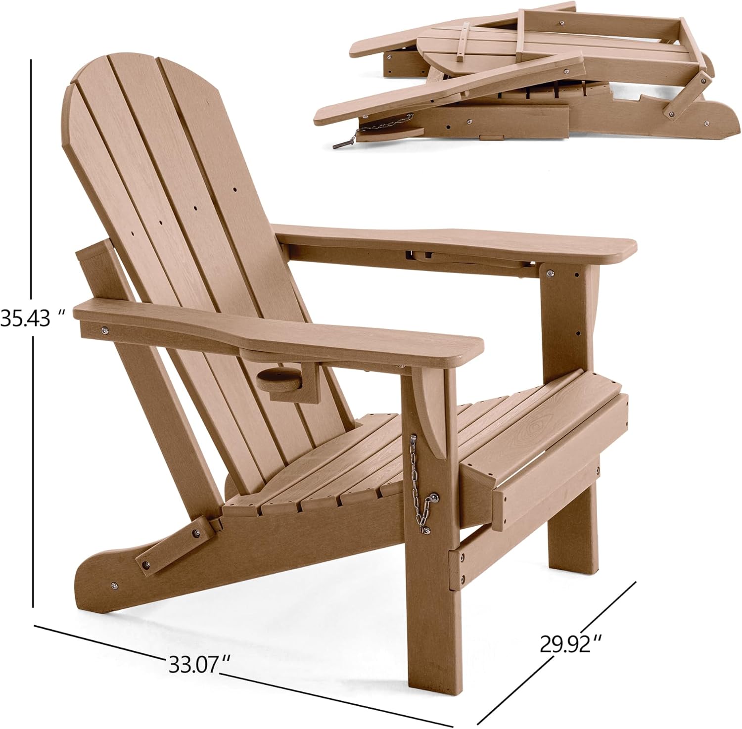 Folding Adirondack Chair, HDPE Outdoor Texture Lawn Chair with Reclining Back, Cup and Phone Holder - Comfortable Firepit Chair Weather Resistant for Patio or Backyard (Brown, Set of 2)
