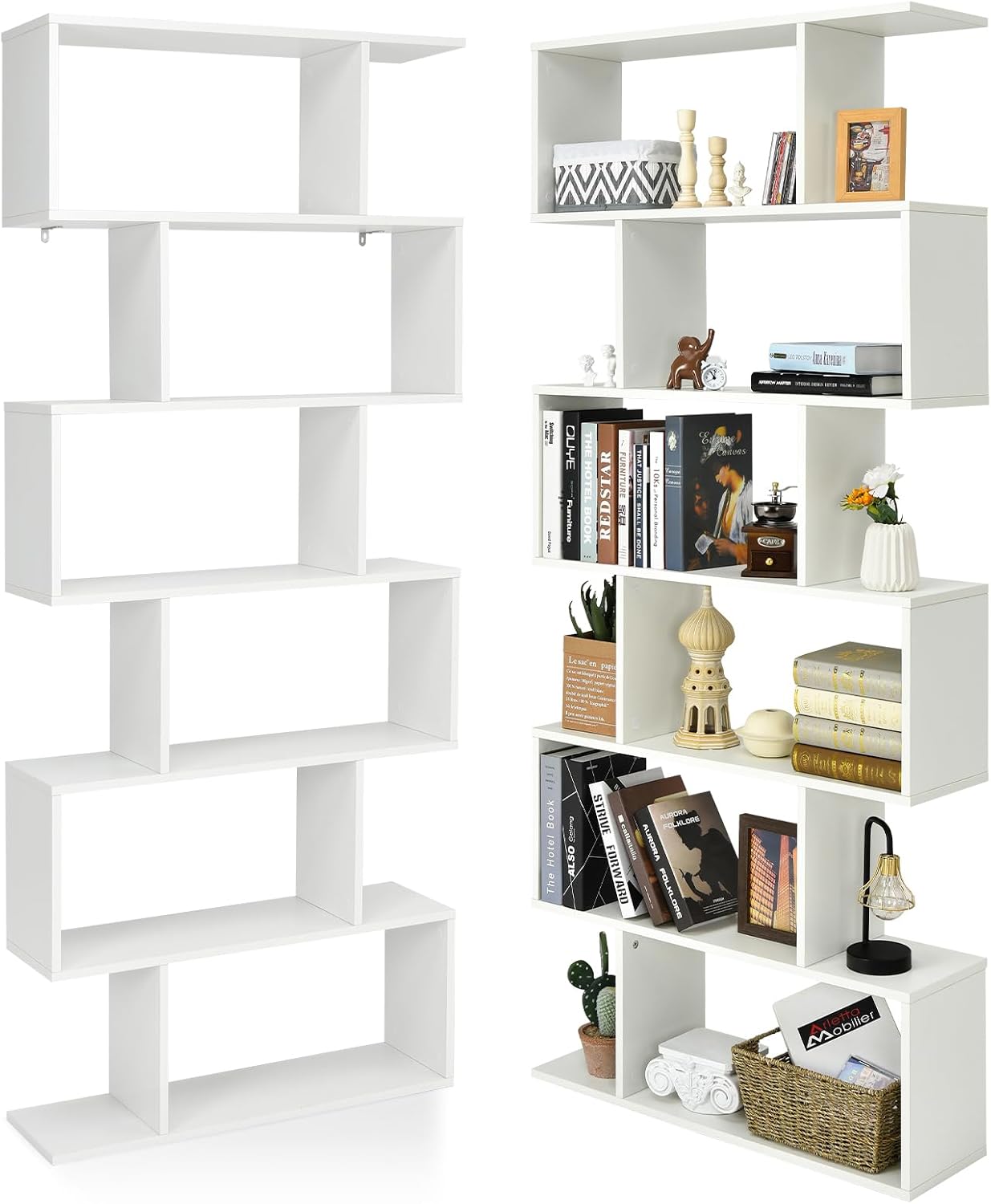 homasis standing bookcase with 5/6 levels s shape standing shelf stylish storage shelf wood multifunctional wall shelf room divider shelf for living room office & study room white 6 levels