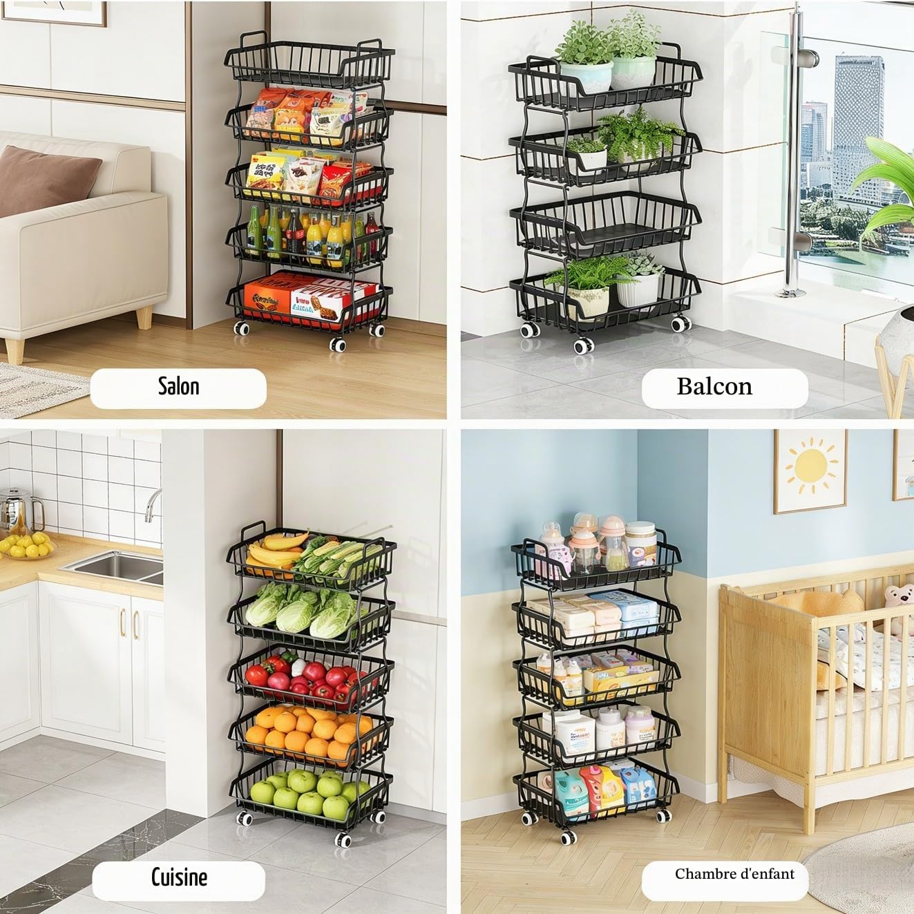 Panier en fil métallique avec poignée supérieure et roulettes roulantes, chariot de rangement empilable séparable, organisateur robuste pour cuisine, salle de bain, chambre à coucher
