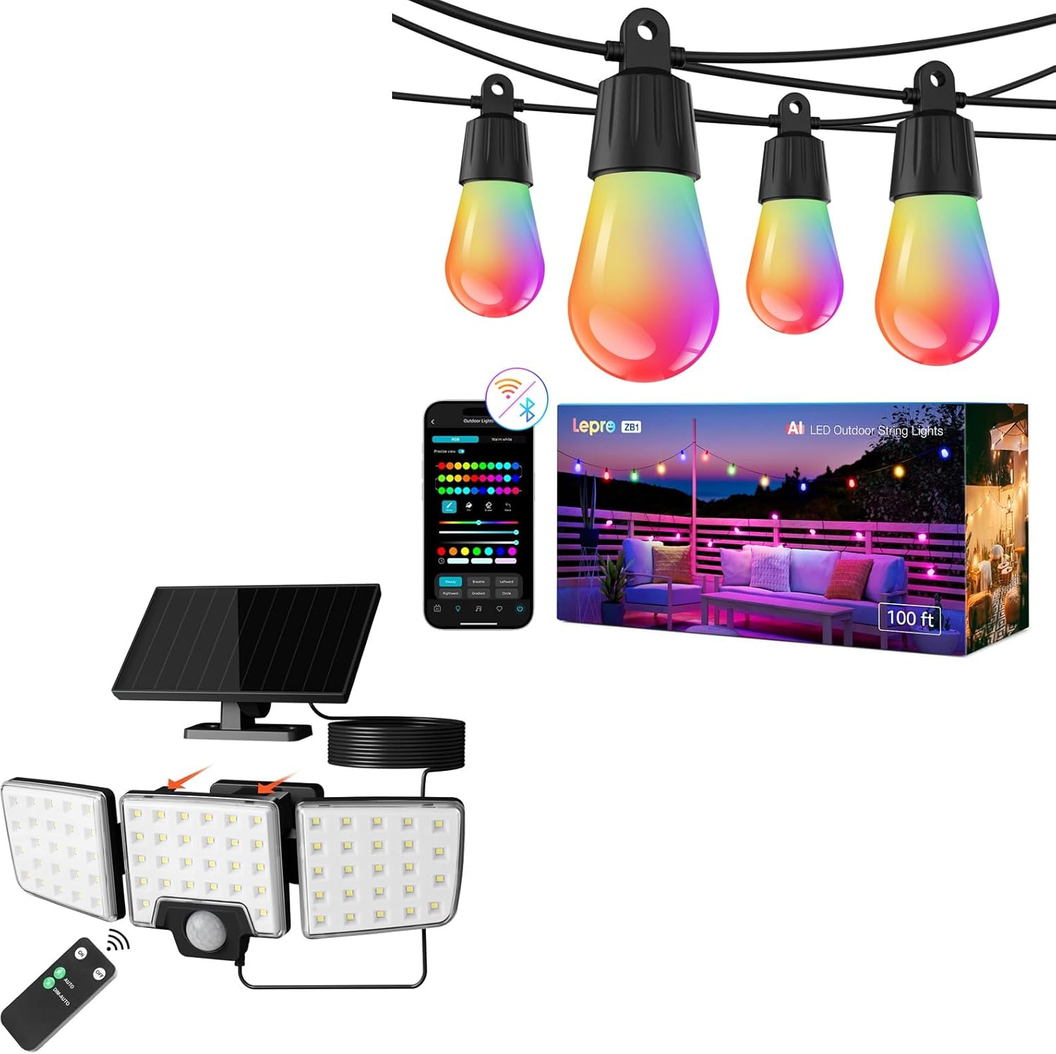 Lepro Bundle - Solar Flood Light 3 Adjustable Heads with Separeted Solar Panel and Remote & AI Smart Outdoor String Lights